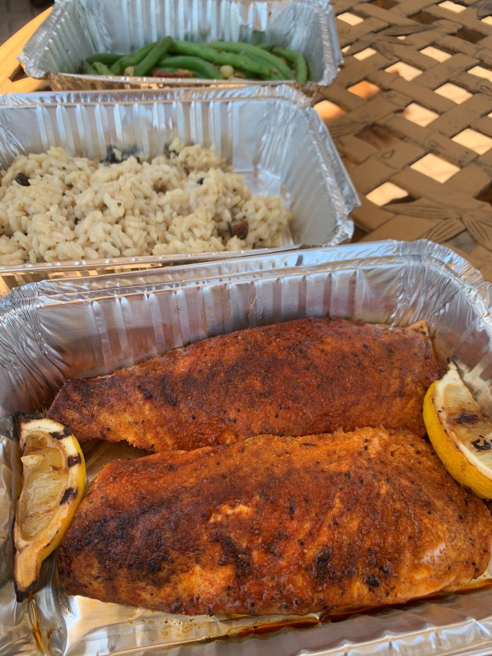 Blackened salmon and mushroom risotto from Bernstein’s catering were the centerpiece menu items for a special 46th wedding anniversary luncheon for Jim and Donna Larsen. ALEXIS LARSEN/CONTRIBUTED