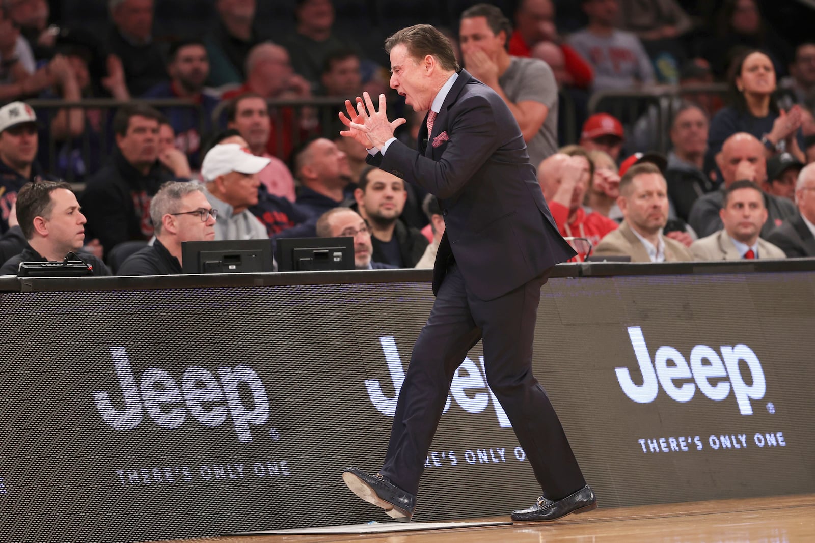 St. John's head coach Rick Pitino reacts after a foul is called on his team during the first half of an NCAA college basketball game against Butler in the quarterfinals of the Big East Conference tournament, Thursday, March 13, 2025, in New York. (AP Photo/Pamela Smith)