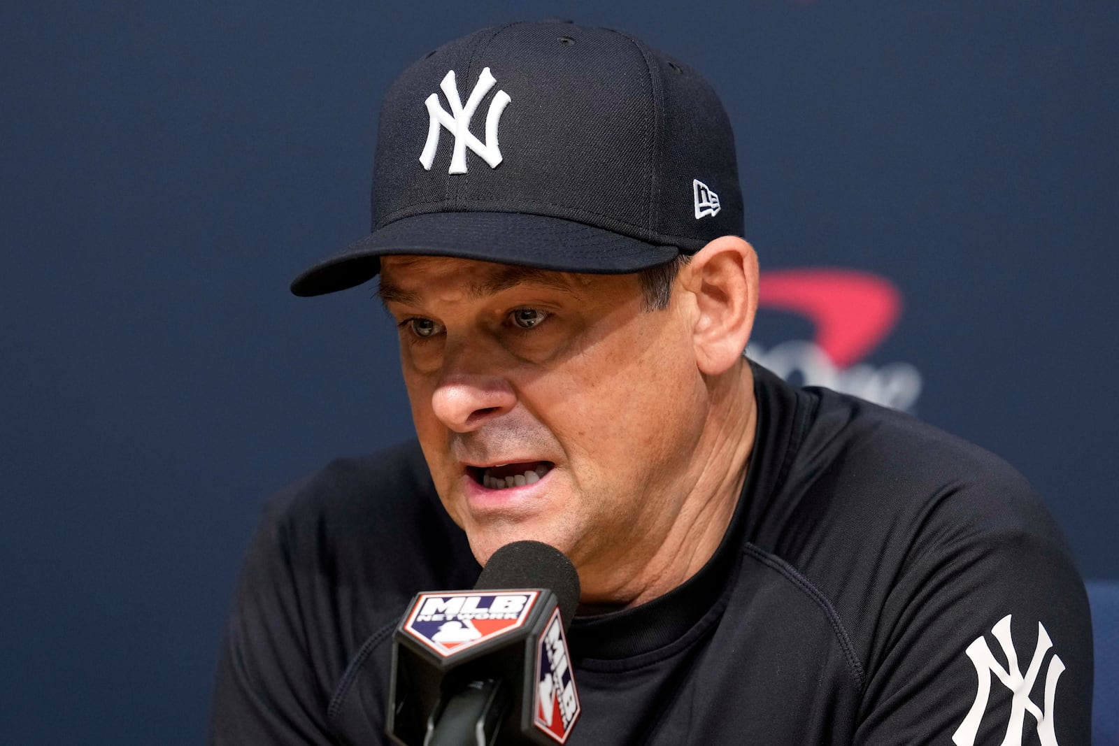 New York Yankees manager Aaron Boone speaks during a news conference before Game 1 of the baseball World Series against the Los Angeles Dodgers, Friday, Oct. 25, 2024, in Los Angeles. (AP Photo/Godofredo A. Vásquez)