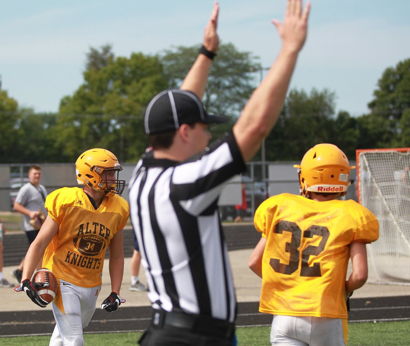 Seth Morris of Alter (left) scored during a scrimmage at Beavercreek on Saturday, Aug. 17, 2019. MARC PENDLETON / STAFF