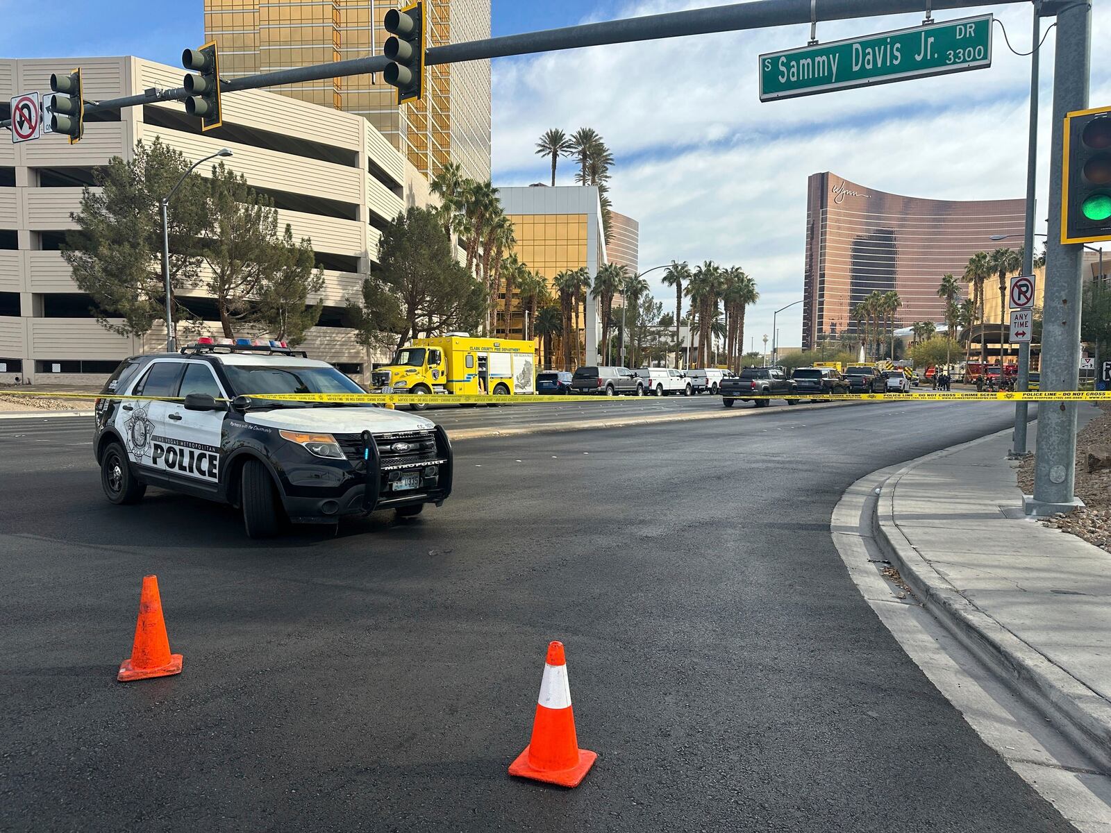 Police block the area after a vehicle caught fire and exploded outside the lobby of President-elect Donald Trump's hotel Wednesday, Jan. 1, 2025. (AP Photo/Ty ONeil)