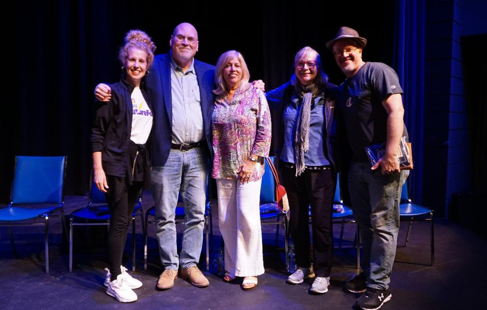 Left to right: The 2022 Dayton Playhouse FutureFest finalists: Holly Hepp-Galaván of Astoria, New York; William Cameron of Washington, Pennsylvania; Kate Katcher of Sandy Hook, Connecticut; Donna Kaz of Blue Point, New York; and Daniel Damiano of Brooklyn, New York. Angela J. Davis of Los Angeles, California was unable to attend. 