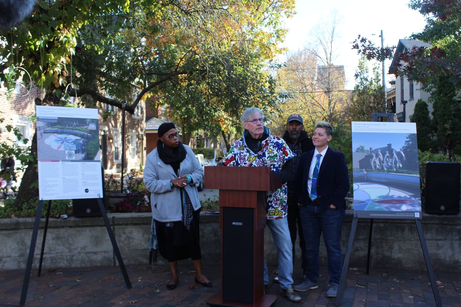 Artists Terry Welker, Sierra Leone, Jes McMillan and James Pate will work on a memorial for the victims of the Aug. 4, 2019 mass shooting in the Oregon District. The memorial that has been named “The Seed of Life” will be installed in a public plaza near the eastern end of East Fifth Street in the Oregon District. CORNELIUS FROLIK / STAFF