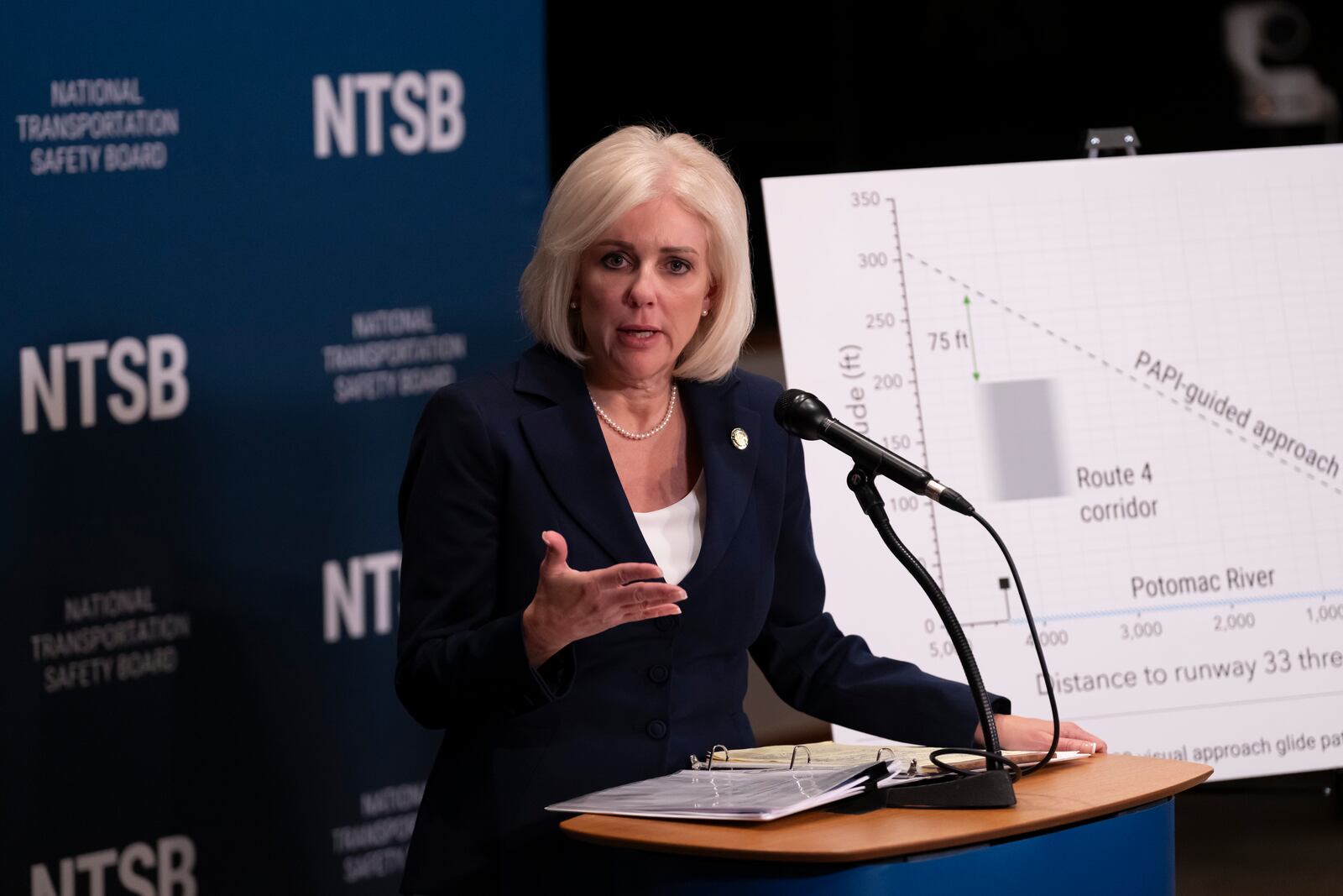 National Transportation Safety Board (NTSB) Chairwoman Jennifer Homendy speaks about the recent mid-air collision of an American Airlines flight and a Black Hawk helicopter near Ronald Reagan Washington National Airport, at a news conference in Washington, Tuesday, March 11, 2025. (AP Photo/Ben Curtis)