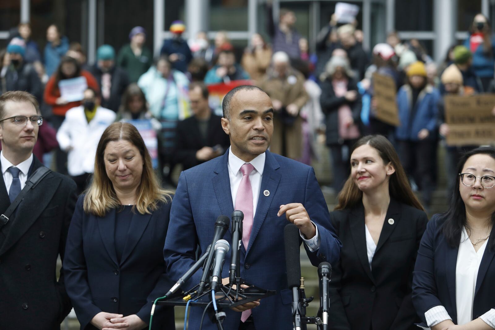 Washington Attorney General Nick Brown speaks during a news conference after a second federal judge paused President Donald Trump's order against gender-affirming care for youth outside the Seattle federal courthouse on Friday, Feb. 14, 2025. (AP Photo/Manuel Valdes)