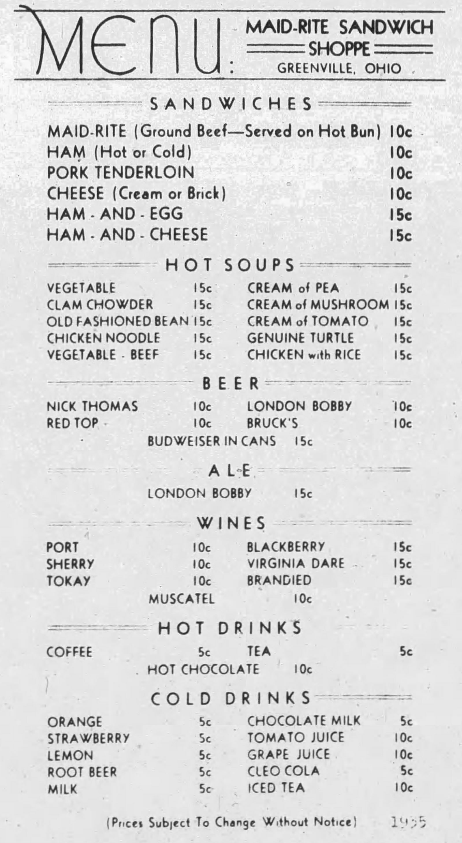 A Maid Rite menu from 1935. ARCHIVES