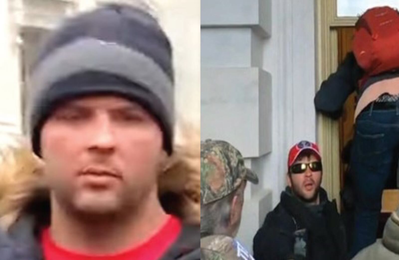 These photos from a federal court document allegedly show twin brothers Steven Hanna (left) and Robert Hanna (right) in the crowd of rioters at the U.S. Capitol building on Jan. 6, 2021.