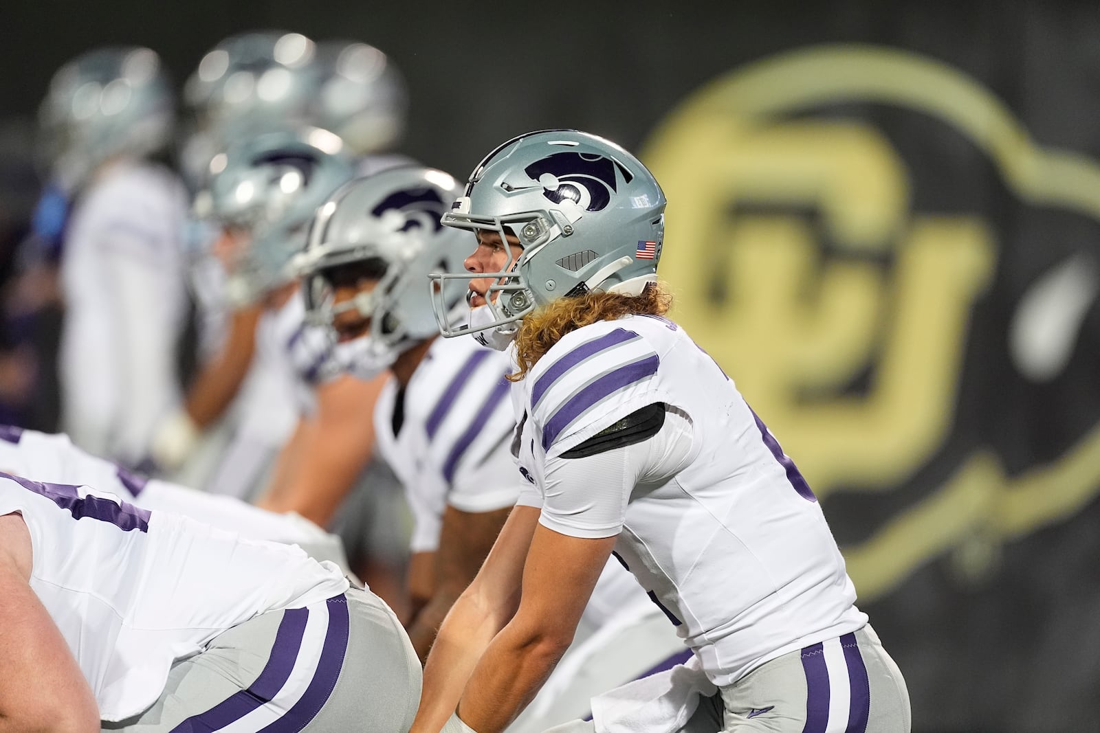 Kansas State quarterback Avery Johnson warms up before an NCAA college football game against Colorado Saturday, Oct. 12, 2024, in Boulder, Colo. (AP Photo/David Zalubowski)