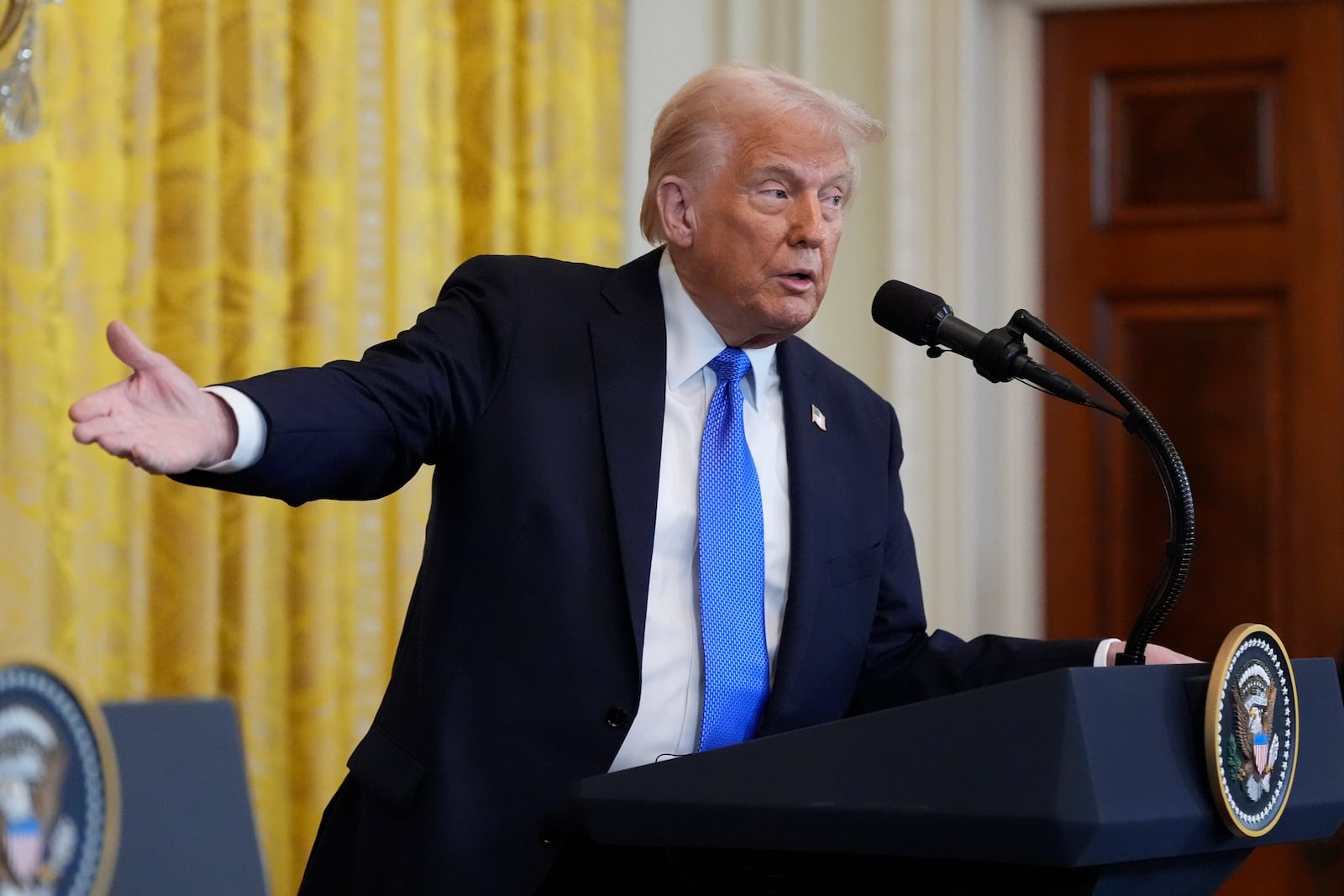 President Donald Trump speaks during a news conference with Japanese Prime Minister Shigeru Ishiba in the East Room of the White House, Friday, Feb. 7, 2025, in Washington. (AP Photo/Alex Brandon)