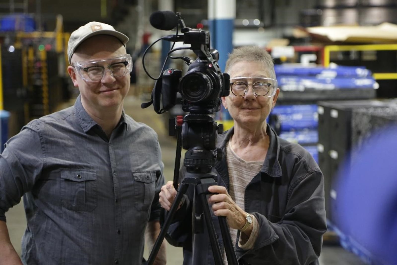 Julia Reichert and Steven Bognar in Dayton's Fuyao factory filming "American Factory." Photo by David Holm