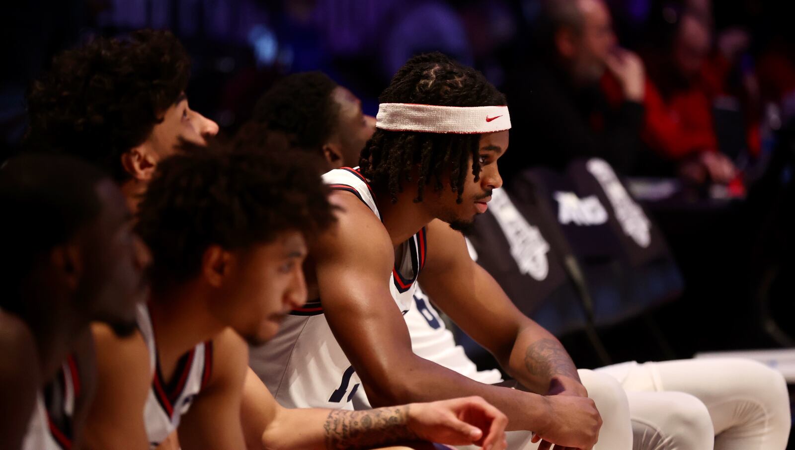 Dayton's DaRon Holmes II waits to be introduced before a game against Duquesne in the Atlantic 10 Conference tournament quarterfinals on Thursday, March 14, 2024, at the Barclays Center in Brooklyn, N.Y. David Jablonski/Staff