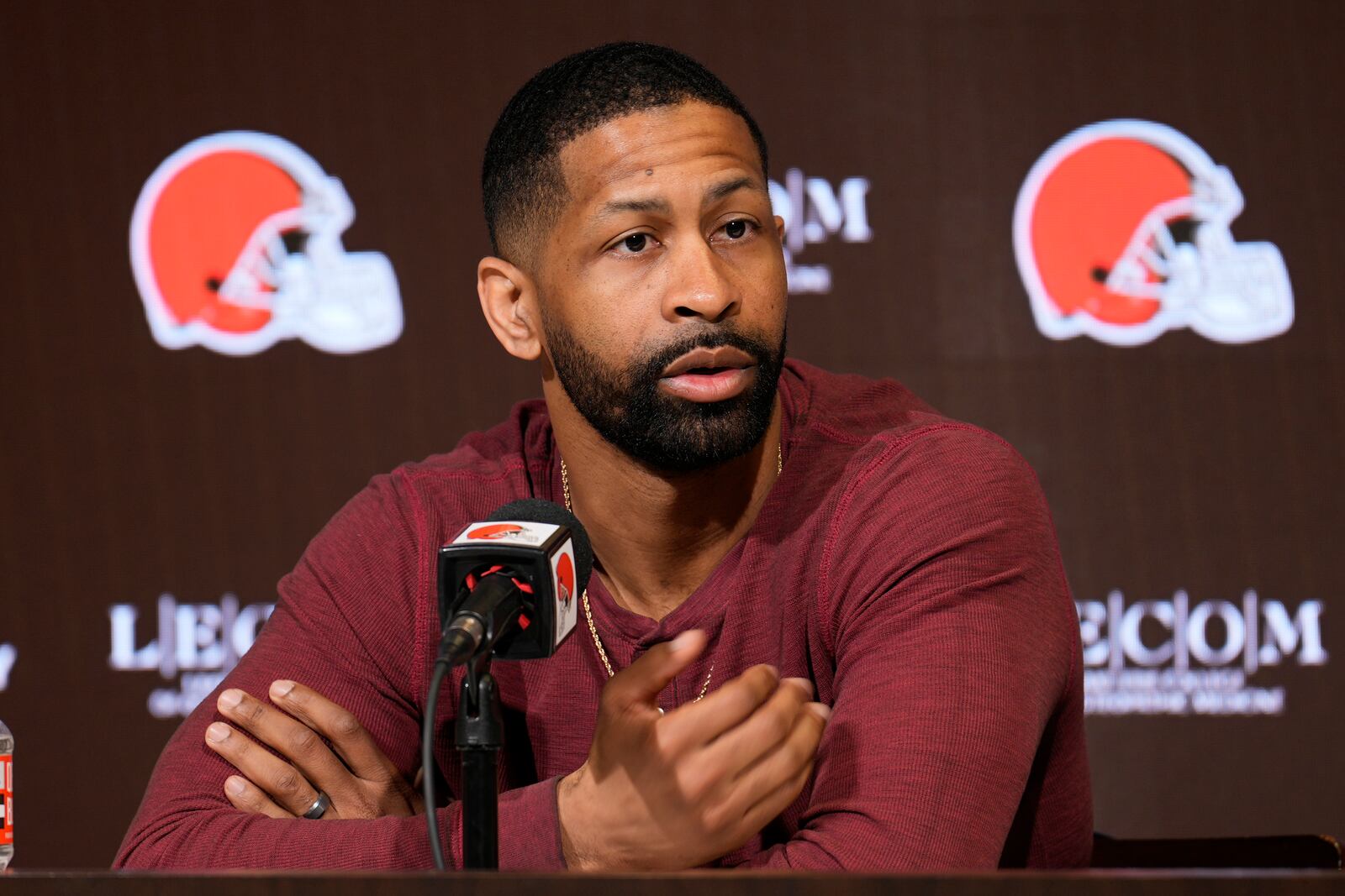 Cleveland Browns General Manager Andrew Berry speaks during an NFL football news conference in Berea, Ohio, Monday, Jan. 6, 2025. (AP Photo/Sue Ogrocki)