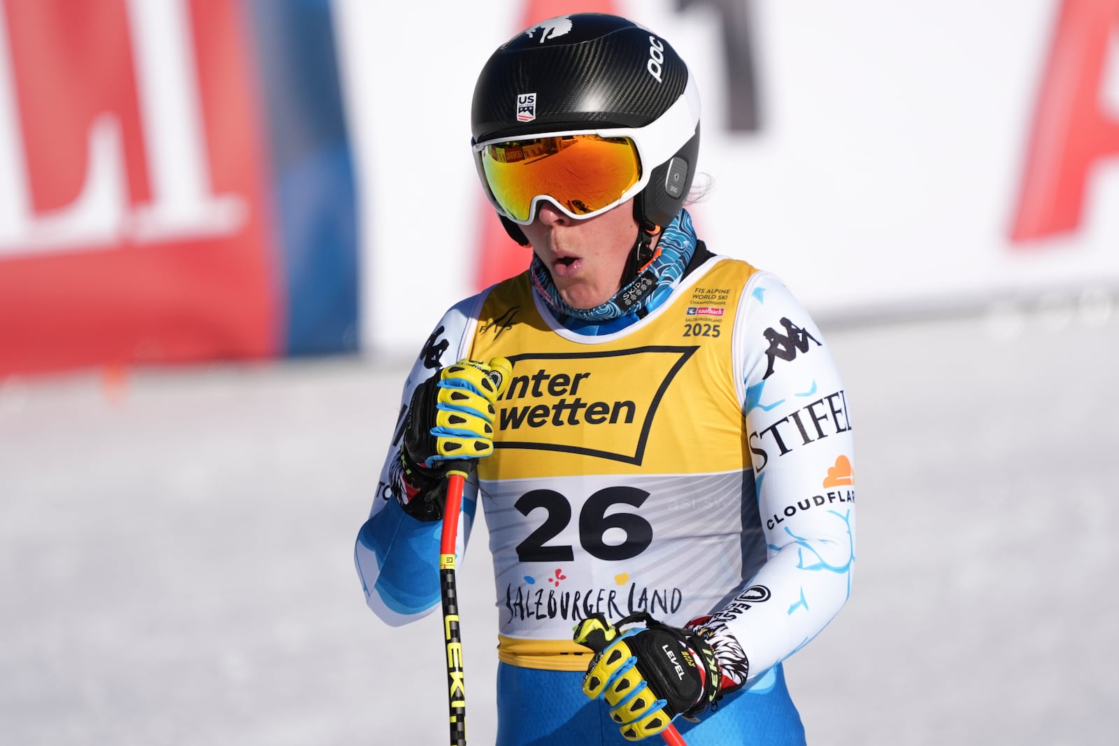 United States' Breezy Johnson reacts after completing an alpine ski, women's World Championship downhill training, in Saalbach-Hinterglemm, Austria, Tuesday, Feb. 4, 2025. (AP Photo/Giovanni Auletta)