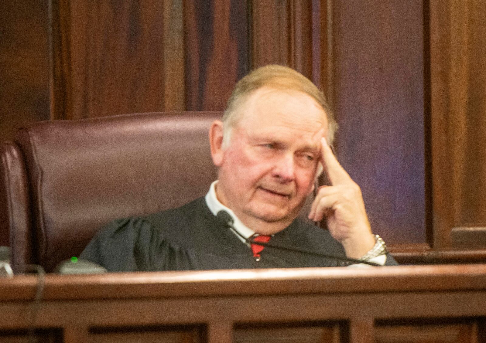 Senior Judge John R. Turner sits in the courtroom Tuesday, Jan. 21, 2025, as jury selection begins in Brunswick, Georgia, in the misconduct trial of former District Attorney Jackie Johnson. Johnson is charged with interfering with police investigating the 2020 killing of Ahmaud Arbery. (Michael Hall/The Brunswick News via AP, Pool)