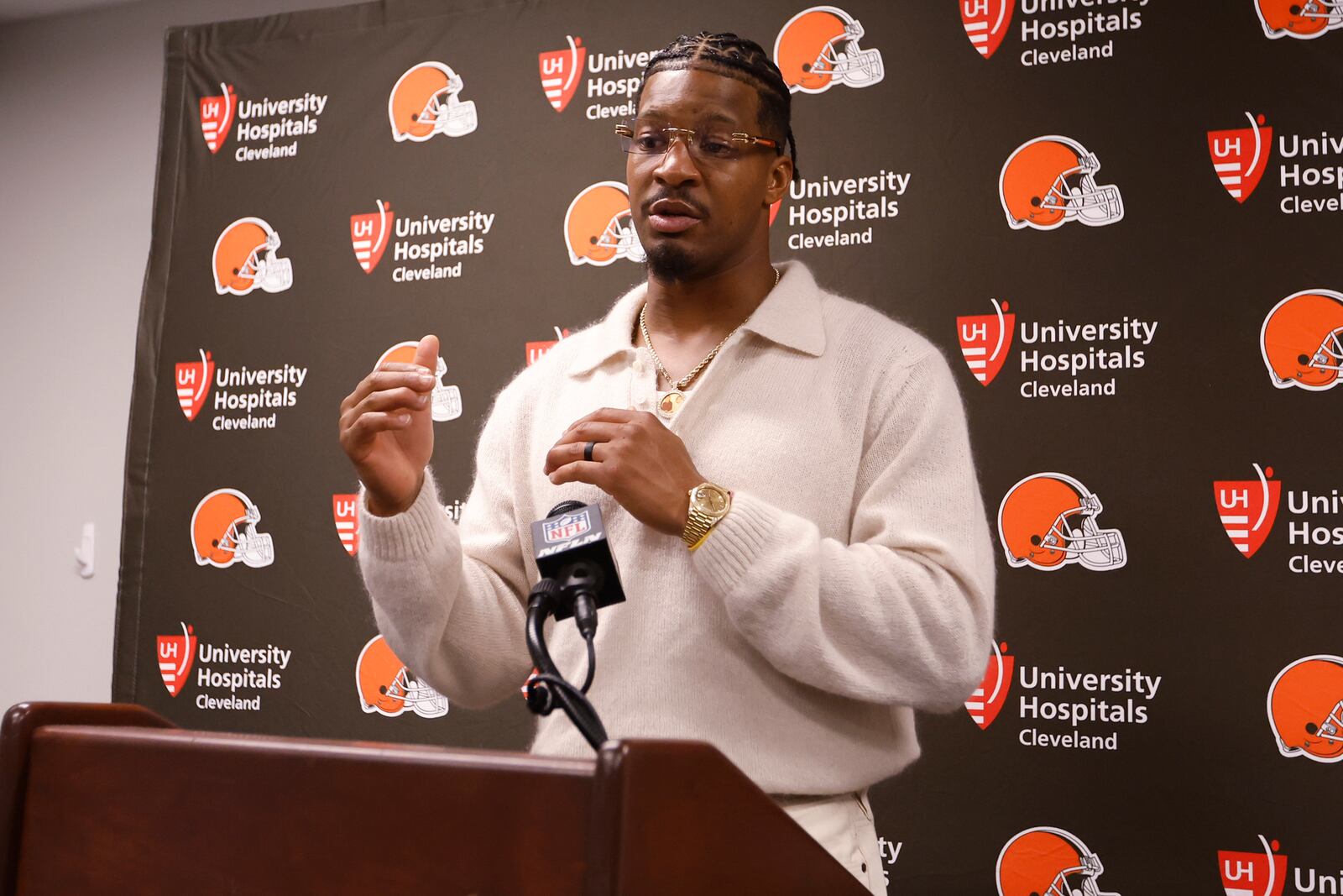 Cleveland Browns quarterback Jameis Winston speaks during a news conference after an NFL football game against the New Orleans Saints in New Orleans, Sunday, Nov. 17, 2024. (AP Photo/Butch Dill)