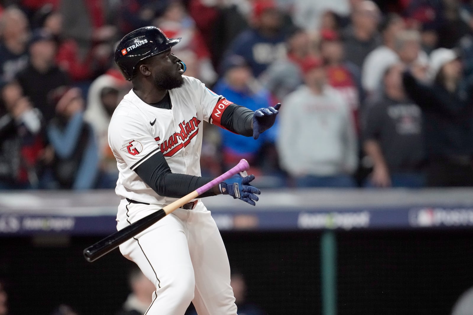 Cleveland Guardians' Jhonkensy Noel watches his two-run home run against the New York Yankees during the ninth inning in Game 3 of the baseball AL Championship Series Thursday, Oct. 17, 2024, in Cleveland. (AP Photo/Godofredo Vásquez )