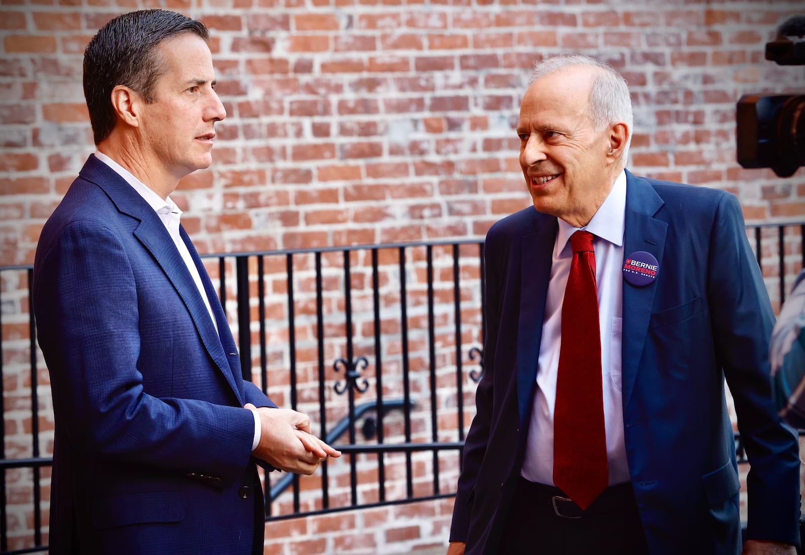 Republican U.S. Senate candidate Bernie Moreno, left, talks with Jim Lagos of Springfield before a press conference Saturday, Sept. 14, 2024. MARSHALL GORBY\STAFF