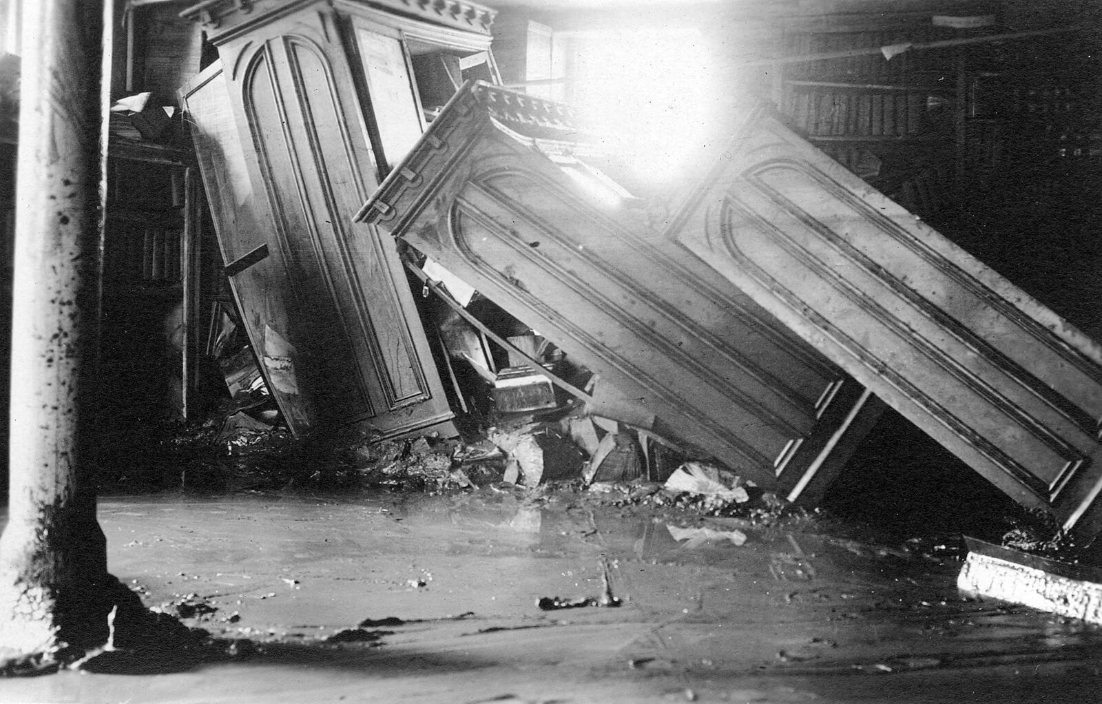 Shelves of books were destroyed at the Dayton Library during the 1913 flood. DAYTON METRO LIBRARY