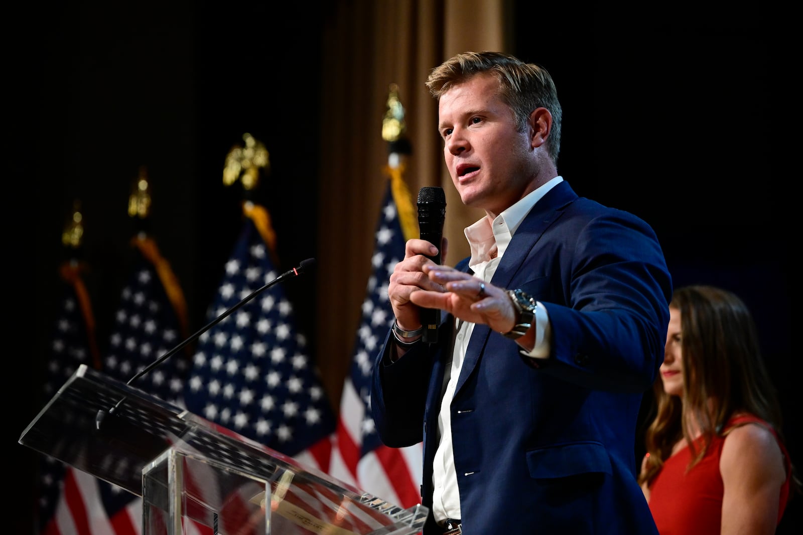 FILE - Republican Montana Senate candidate Tim Sheehy speaks during an election night watch party, Nov. 6, 2024, in Bozeman, Mont. (AP Photo/Tommy Martino, File)