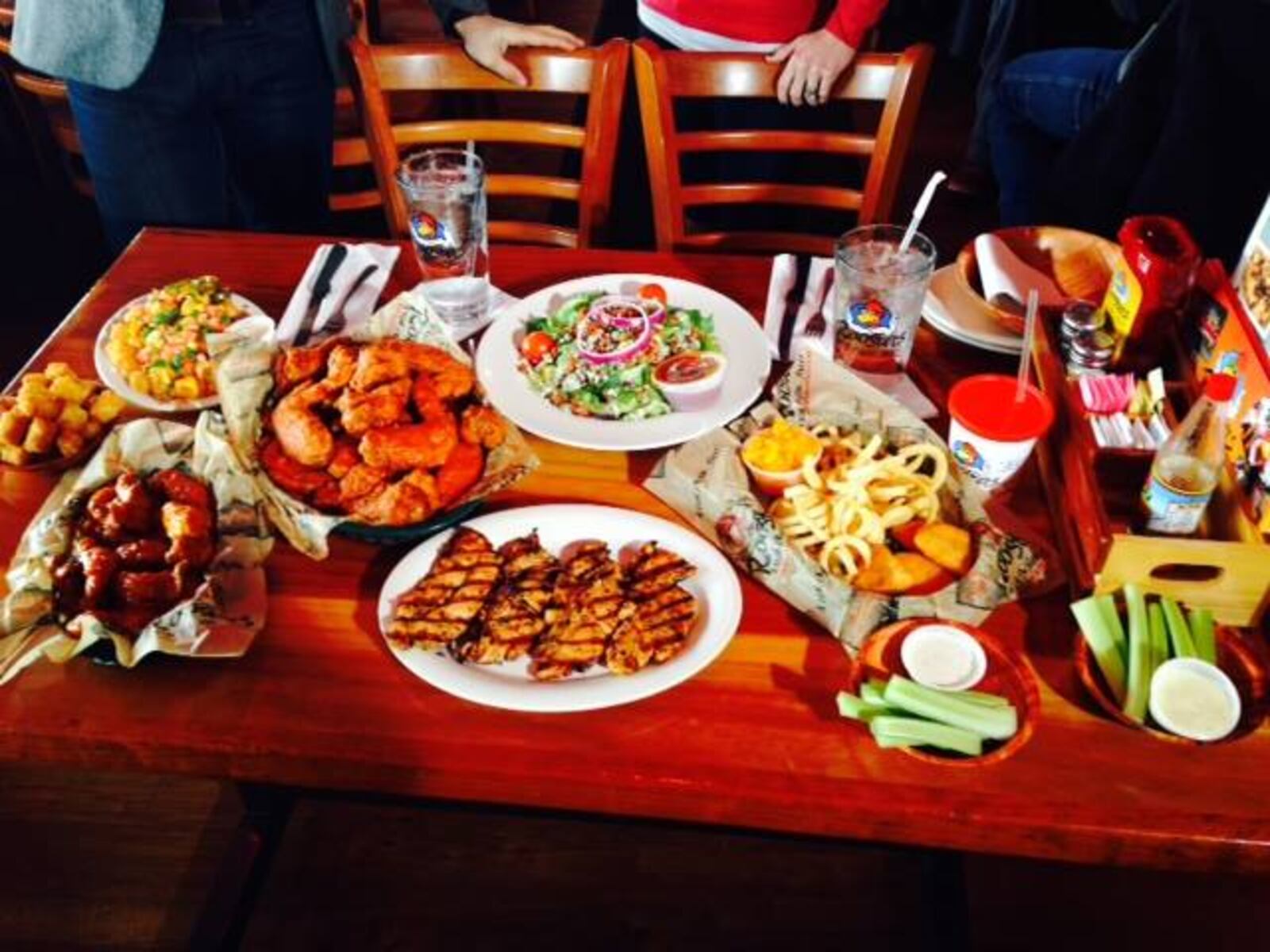 A catered spread from Roosters Wings.