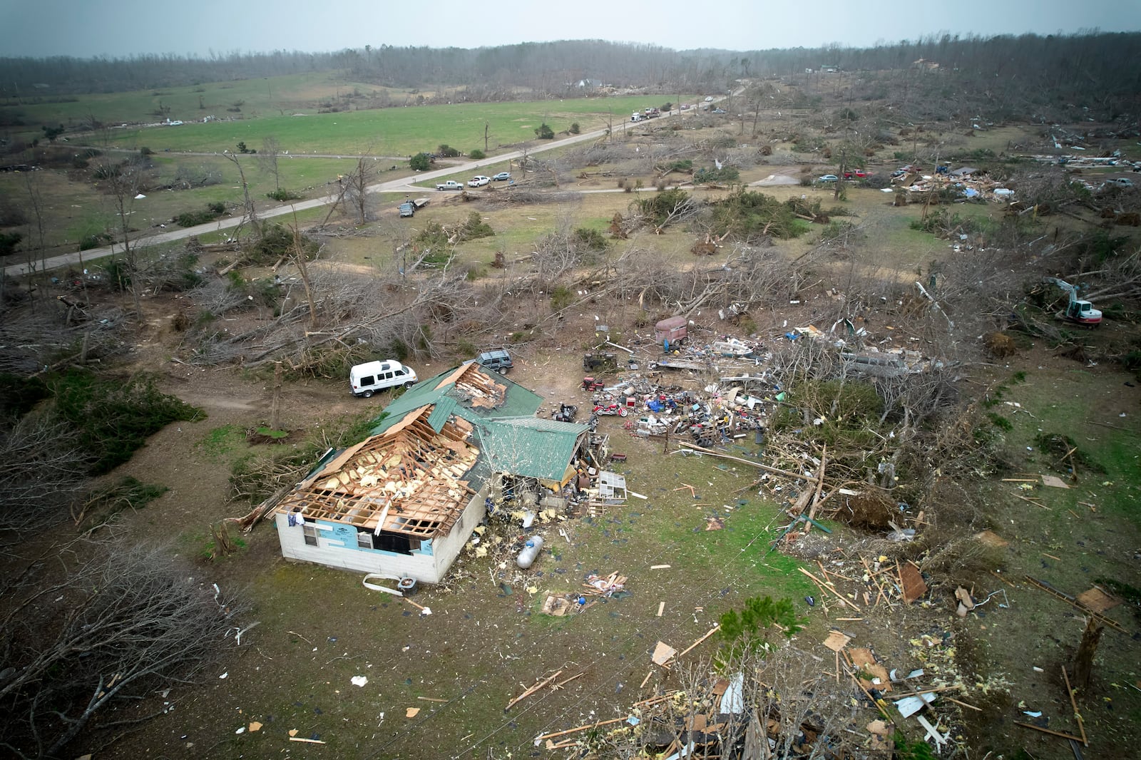 Destruction from a severe storm is seen Saturday, March 15, 2025, in Wayne County, Mo. (AP Photo/Jeff Roberson)