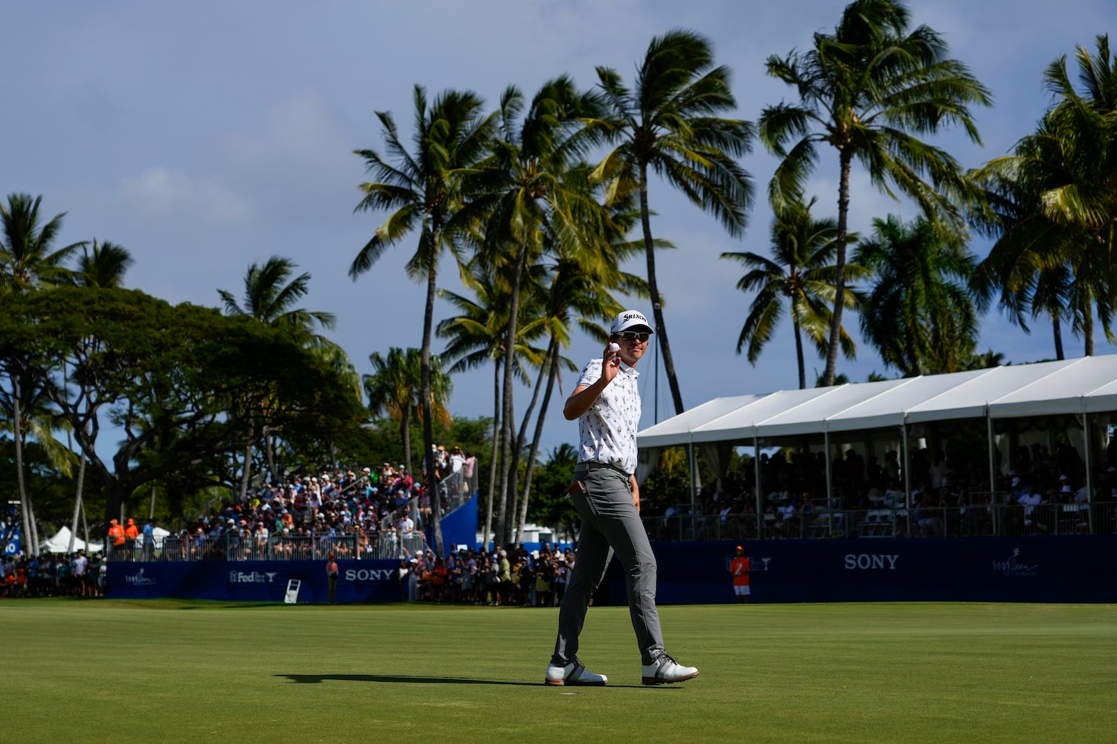 Nico Echavarria, of Columbia, reacts after making a shot on the 18th green during the final round of the Sony Open golf event, Sunday, Jan. 12, 2025, at Waialae Country Club in Honolulu. (AP Photo/Matt York)