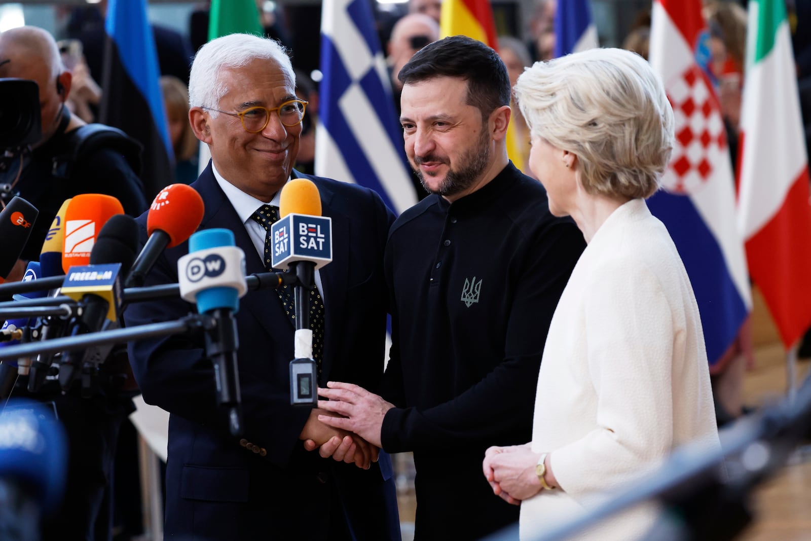 From left, European Council President Antonio Costa, Ukraine's President Volodymyr Zelenskyy and European Commission President Ursula von der Leyen arrive for an EU Summit at the European Council building in Brussels, Thursday, March 6, 2025. (AP Photo/Omar Havana)