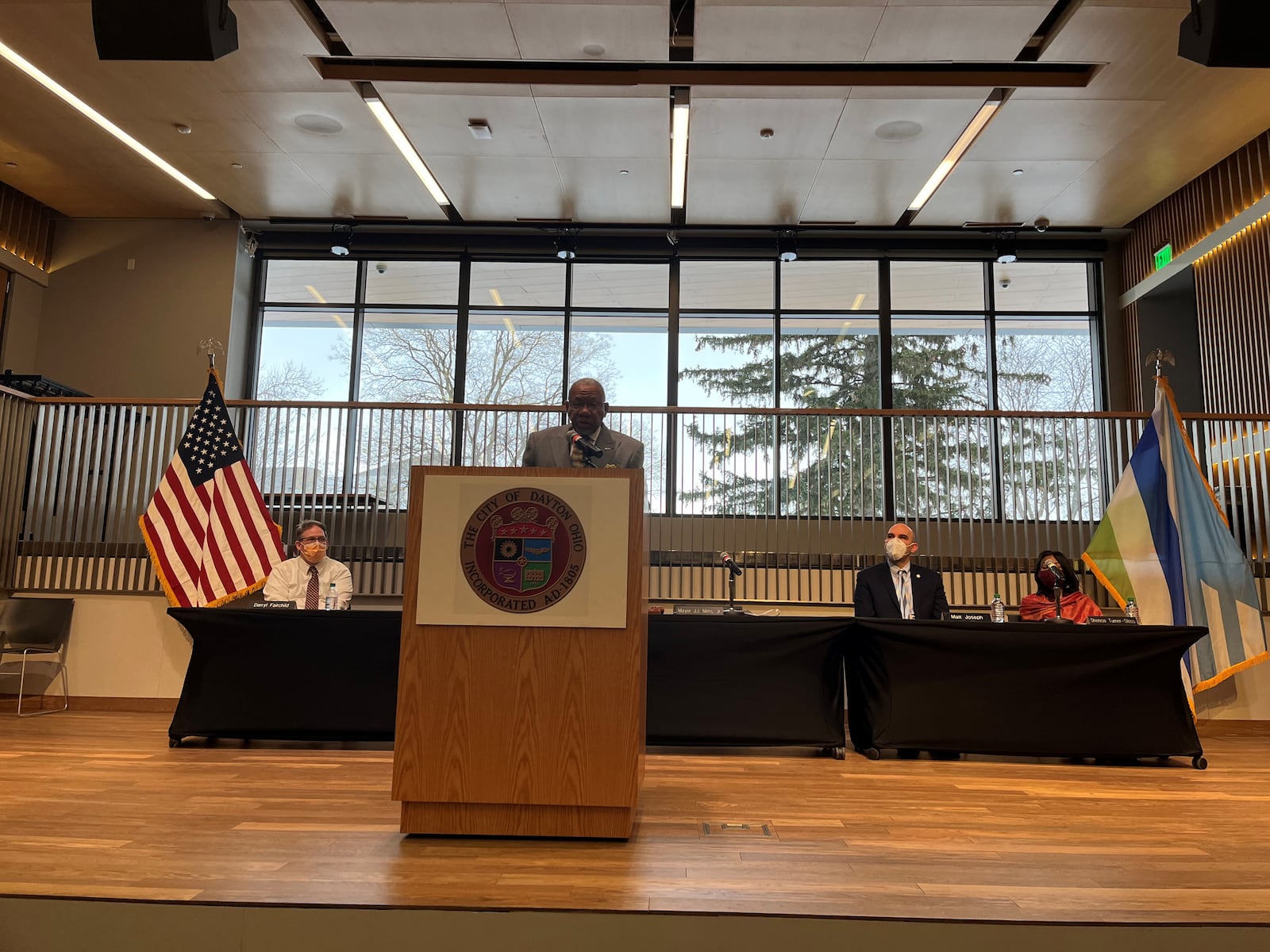 Dayton Mayor Jeffrey Mims Jr. gives his first State of the City address Wednesday morning at the Dayton Metro Library main facility. CORNELIUS FROLIK / STAFF