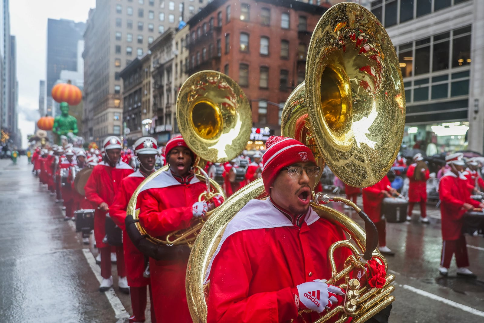 Jonesboro High School's marching band performs at the Macy's Thanksgiving Day parade, Thursday, Nov. 28, 2024, in New York. (AP Photo/Heather Khalifa)