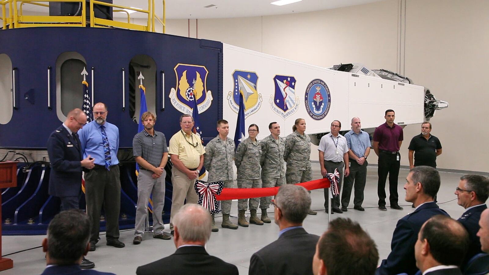 A new human centrifuge facility has officially opened for the training of fighter pilots in the Air Force and other branches of the Defense Department at Wright-Patterson Air Force Base. The U.S. Air Force School of Aerospace Medicine operates the g-force machine that assists fighter pilots in training for high-g combat maneuvers. The centrifuge is also equipped to for g-force research and is expected to have a service life on approximately 30 years. TY GREENLEES / STAFF