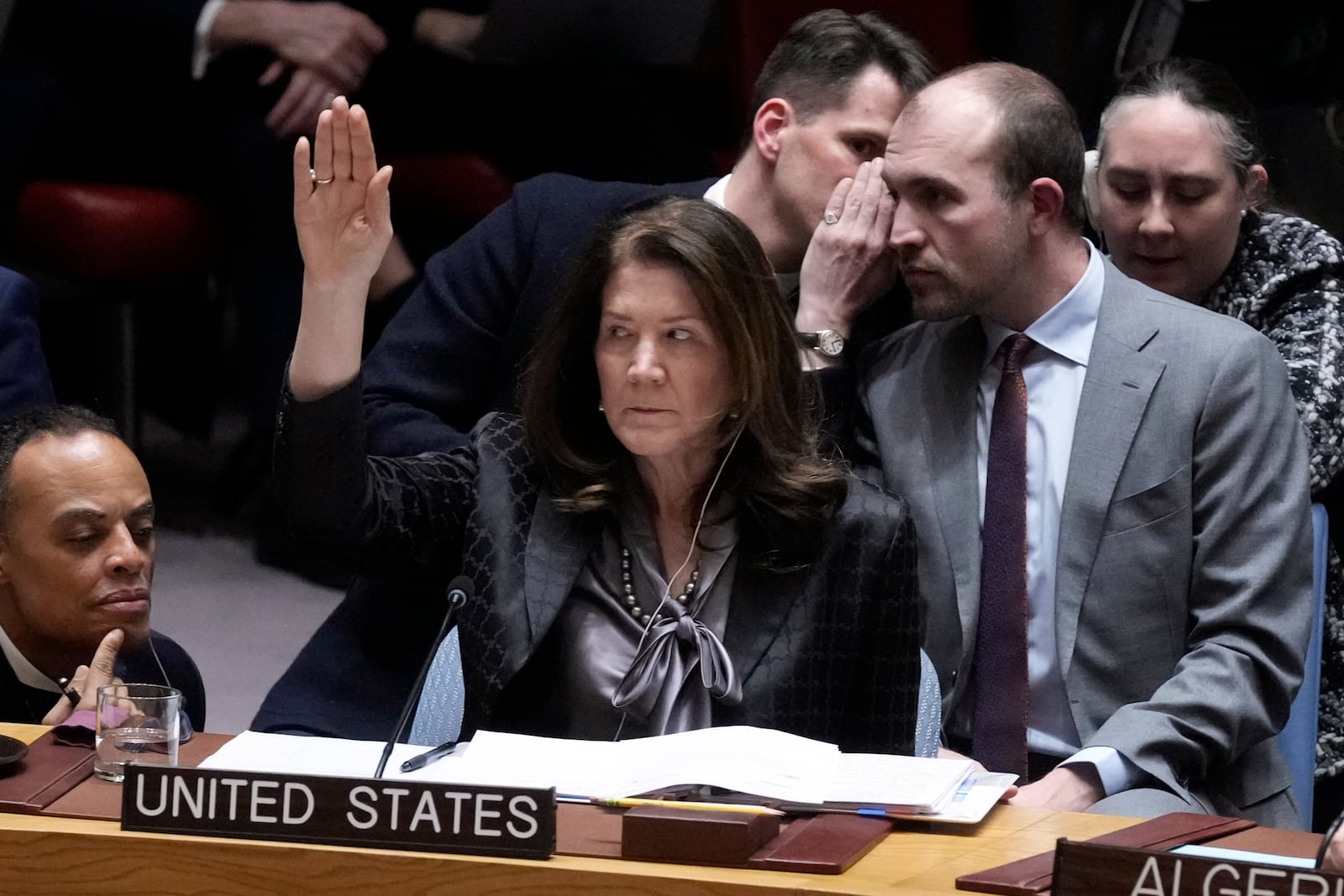 US Ambassador Dorothy Camille Shea votes in the UN Security Council, Monday, Feb. 24, 2025, at the United Nations headquarters. (AP Photo/Richard Drew)