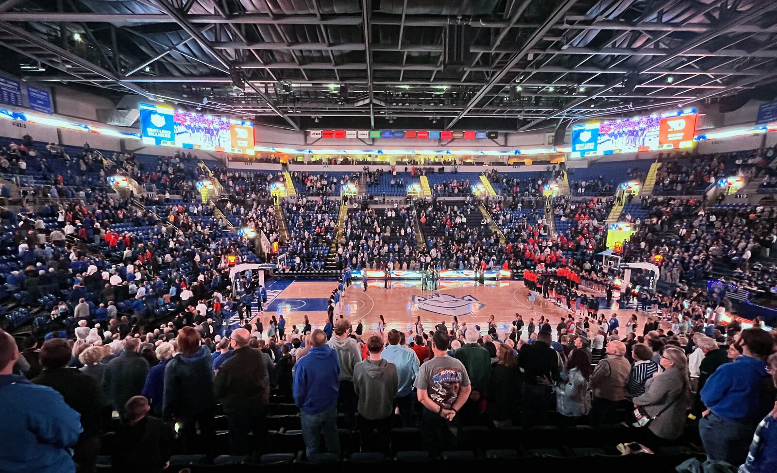 Dayton and Saint Louis stand for the national anthem on Tuesday, March 5, 2024, at Chaifetz Arena in St. Louis, Mo. David Jablonski/Staff