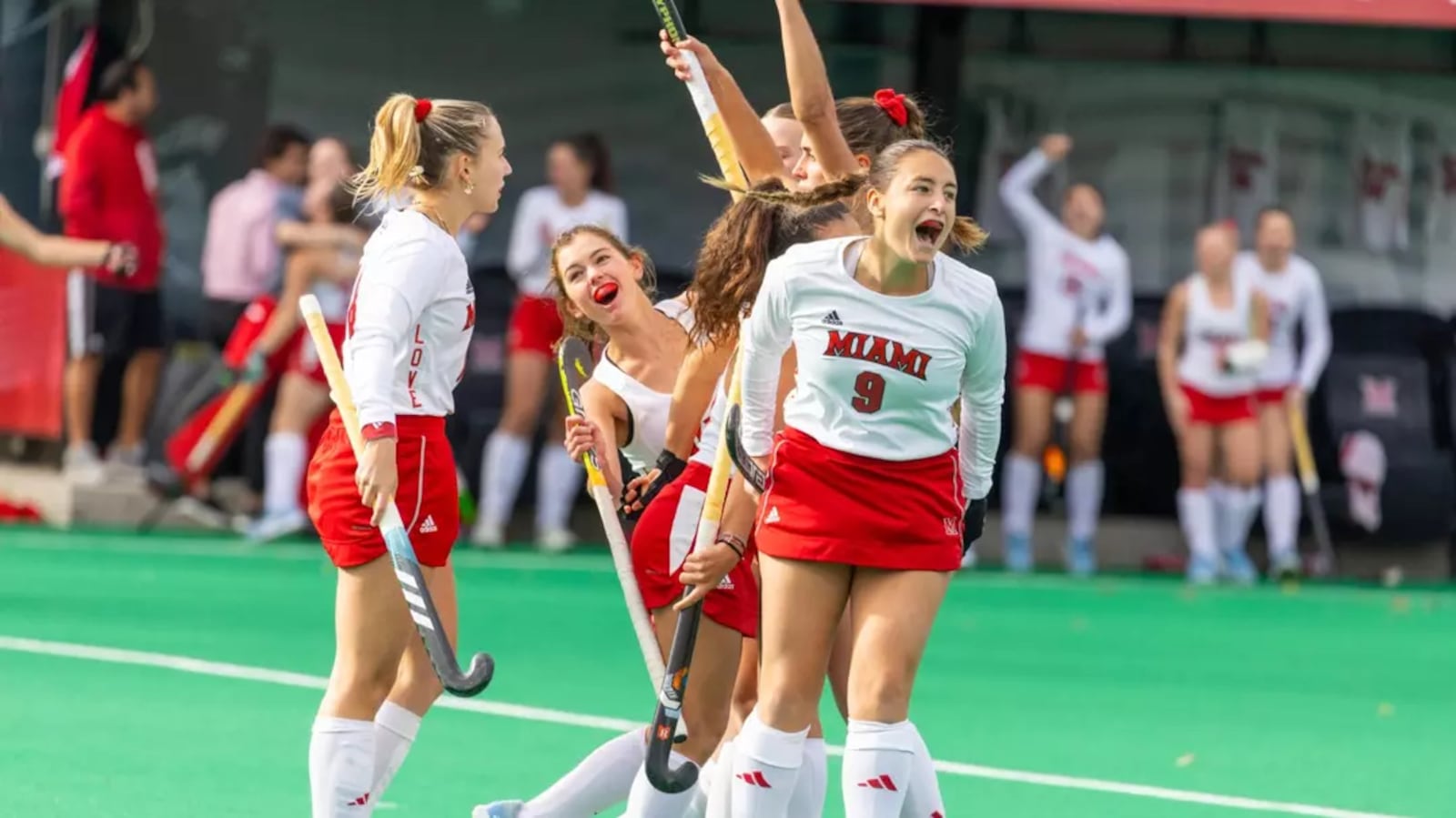 Miami's Claudia Negrete Garcia (9) celebrates a goal with her teammates against James Madison on Saturday in Oxford. Miami Athletics photo