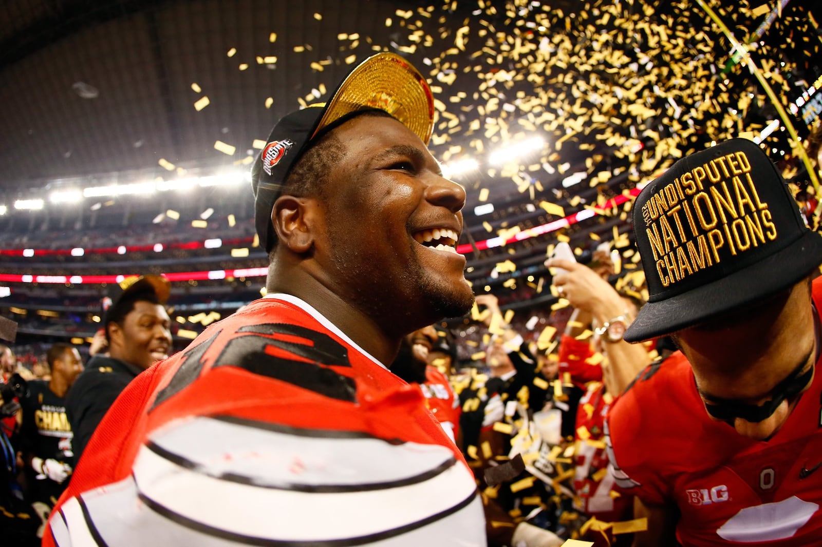 Ohio State quarterback Cardale Jones celebrates after the Buckeyes defeated Oregon on Jan. 12, 2015, in the national-title game of the College Football Playoff. Jones led the Buckeyes to 3-0 postseason record last season, beating Wisconsin, Alabama and Oregon, after he took over for an injured J.T. Barrett. CREDIT: Kevin C. Cox/Getty Images