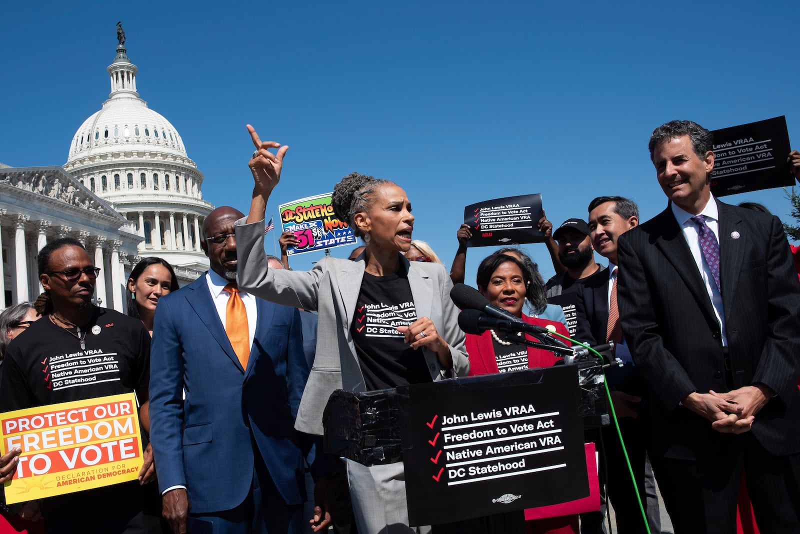 FILE - Maya Wiley, CEO of the Leadership Conference on Civil and Human Rights, speaks at a press conference to call to re-up broad support for a package of bills in key voting rights bills, on Capitol Hill in Washington, Sept. 10, 2024. (AP Photo/Cliff Owen, File)