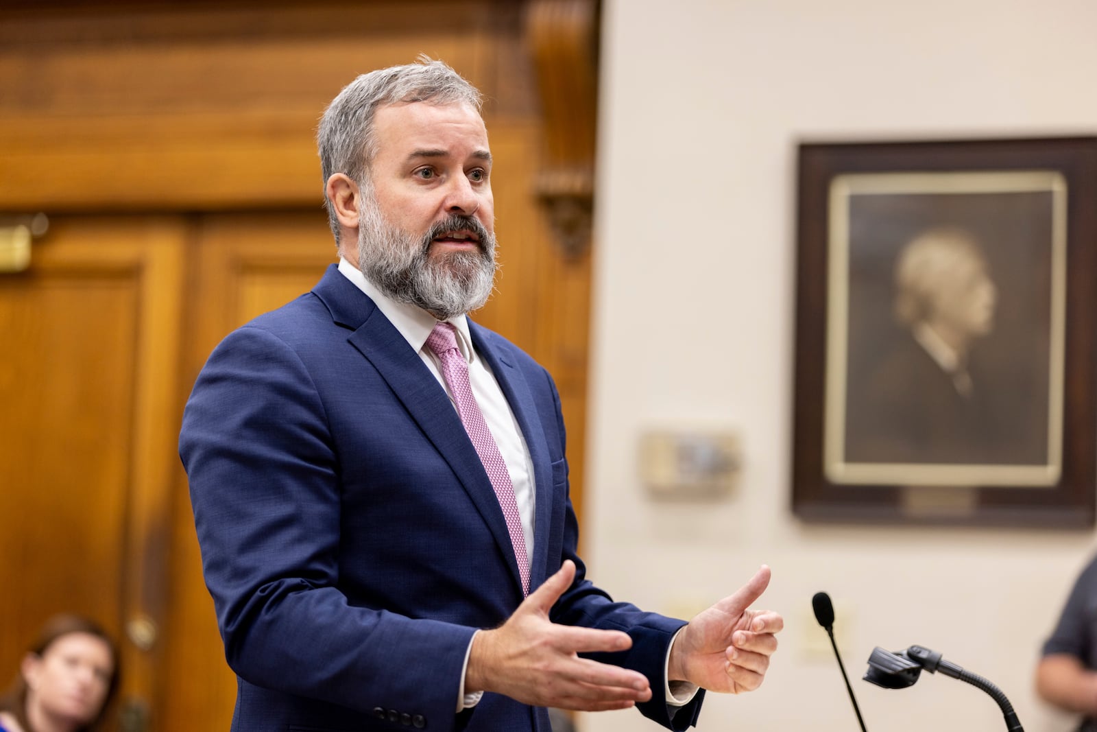 Defense attorney Dustin Kirby speaks during Jose Ibarra's trial at the Athens-Clarke County Superior Court, Tuesday, Nov. 19, 2024, in Athens, Ga. (Arvin Temkar/Atlanta Journal-Constitution via AP, Pool)