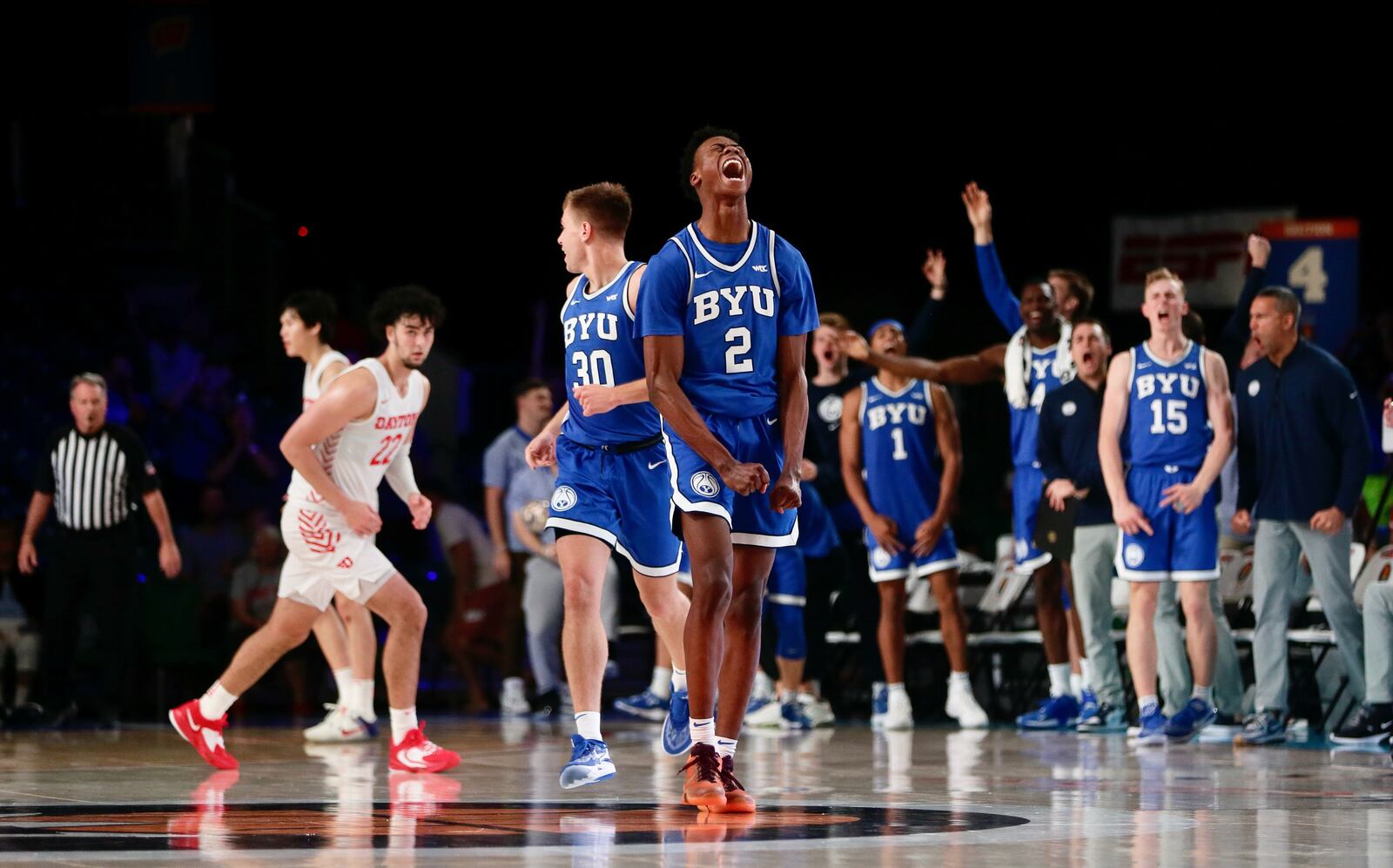 BYU's Jaxson Robinson celebrates after a basket against Dayton in the Battle 4 Atlantis on Friday, Nov. 25, 2022, in Nassau, Bahamas. David Jablonski/Staff