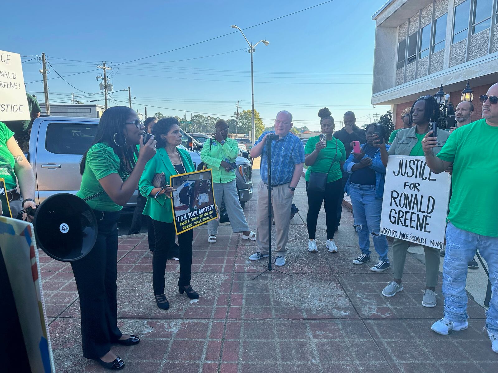 Supporters and family members of Ronald Greene gathered outside the Union Parish Courthouse Monday, Oct. 28, 2024, in Farmerville, La., following a plea hearing and sentencing for former state trooper Kory York. Greene’s mother, Mona Hardin, objected to the plea as “unfair” and urged a judge to reject it. (AP Photo/Jim Mustian)