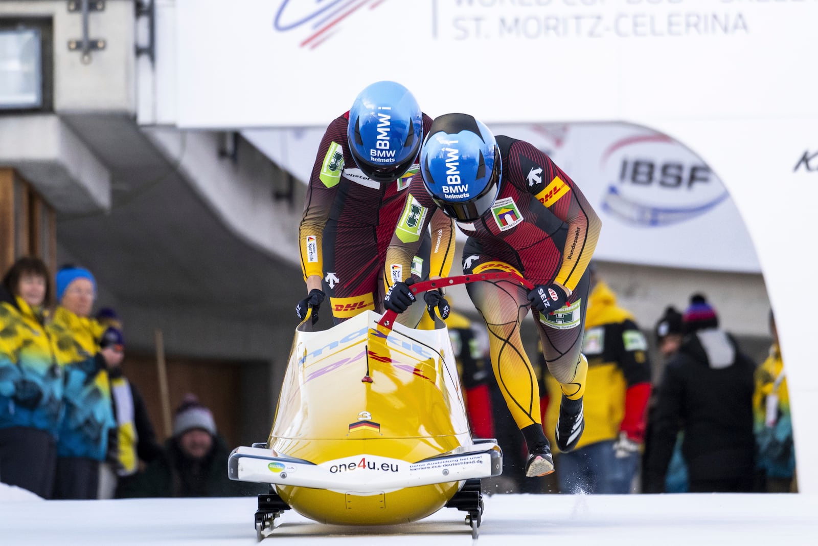 Lisa Buckwitz and Neele Schuten of Germany in action during the women's 2-Bob World Cup in St. Moritz, Switzerland, Sunday, Jan. 12, 2025. (Mayk Wendt/Keystone via AP)