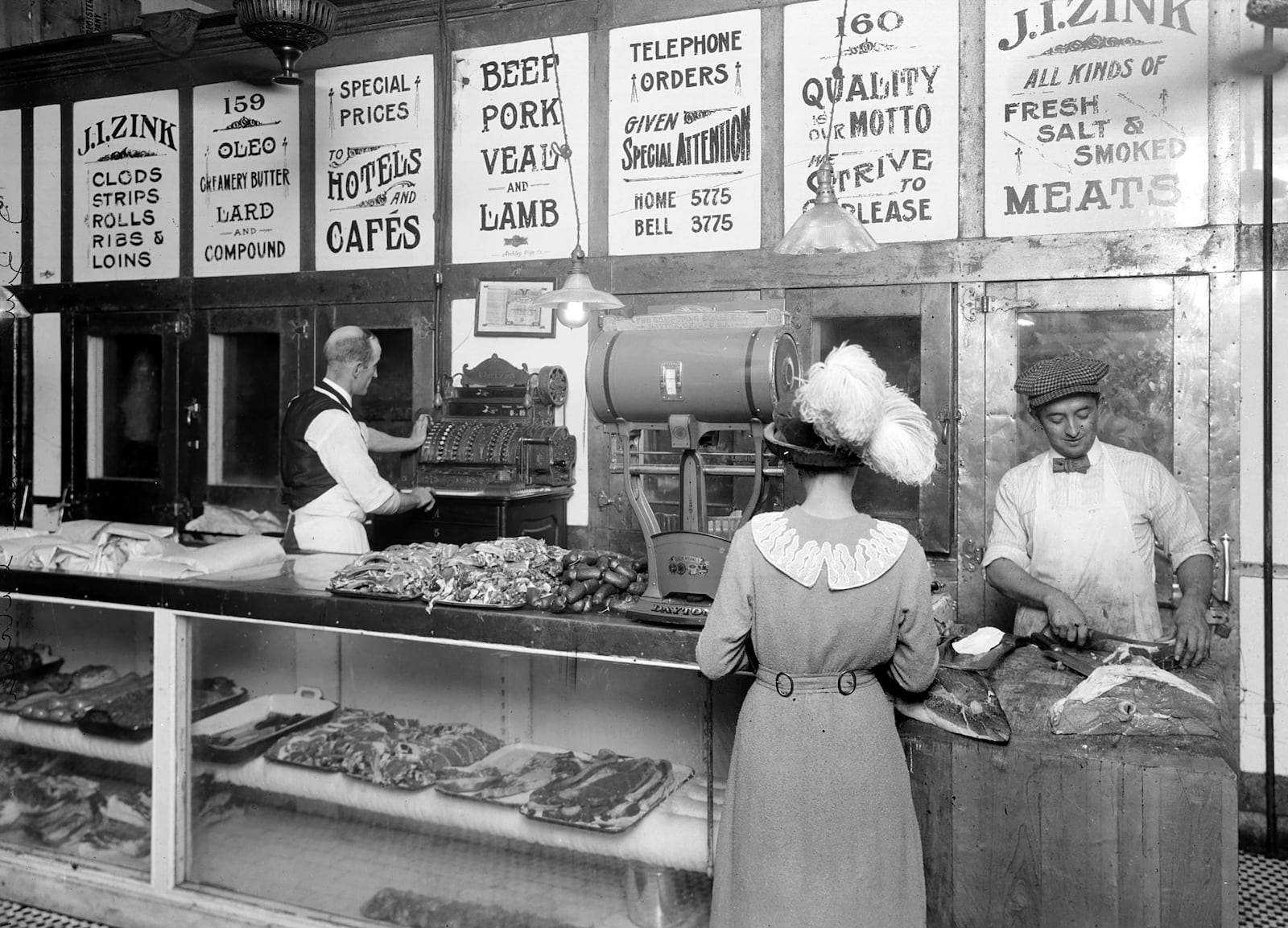 J. I. Zink's butcher shop in the Dayton Arcade offered a variety of fresh, salted and smoked meats in this photograph taken in 1913. PHOTO COURTESY OF DAYTON HISTORY