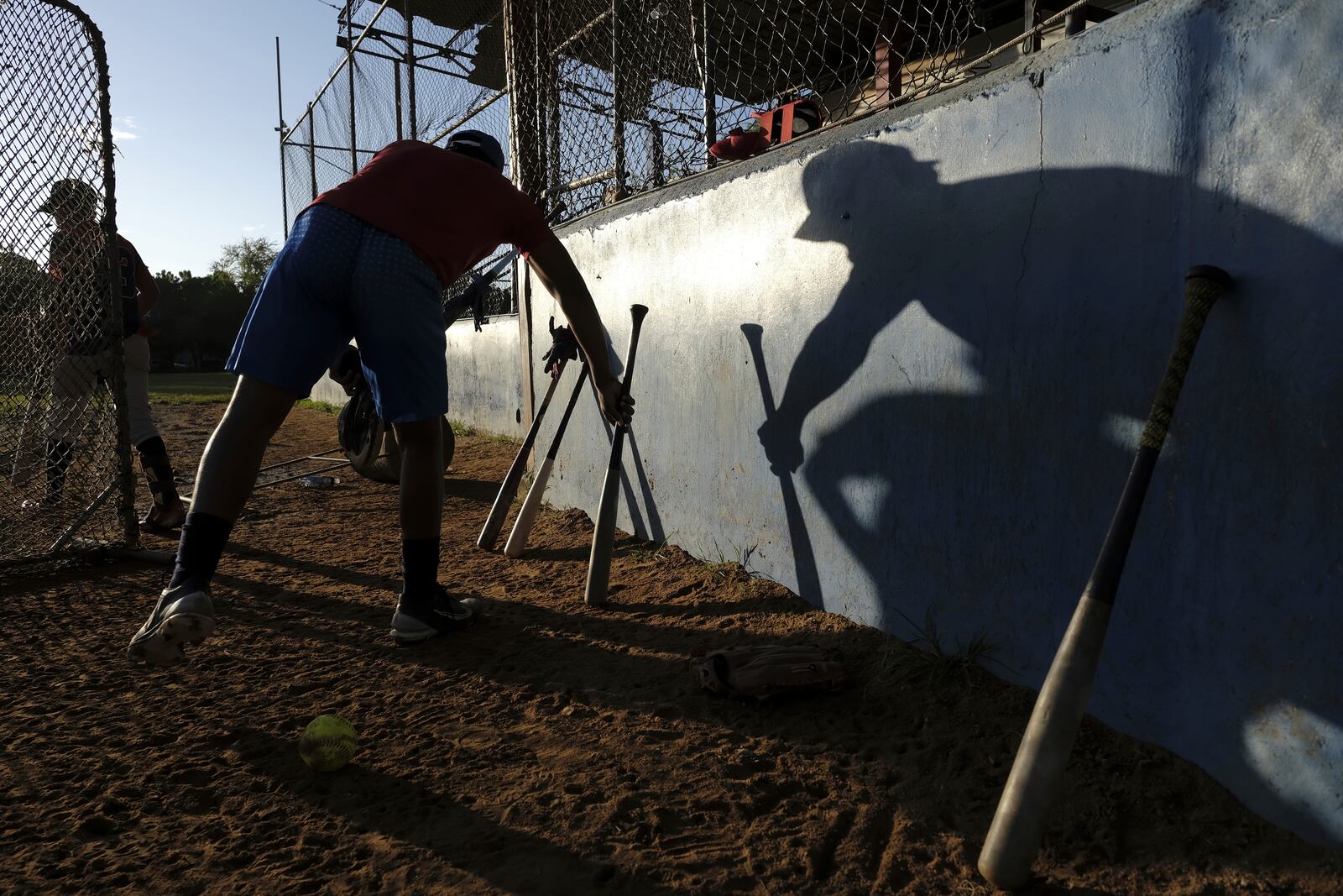 A teenage baseball player chooses a bat during a daily training session at the Trinitarios ballpark in Santo Domingo, Dominican Republic, Wednesday, Feb. 5, 2025. (AP Photo/Ricardo Hernandez)