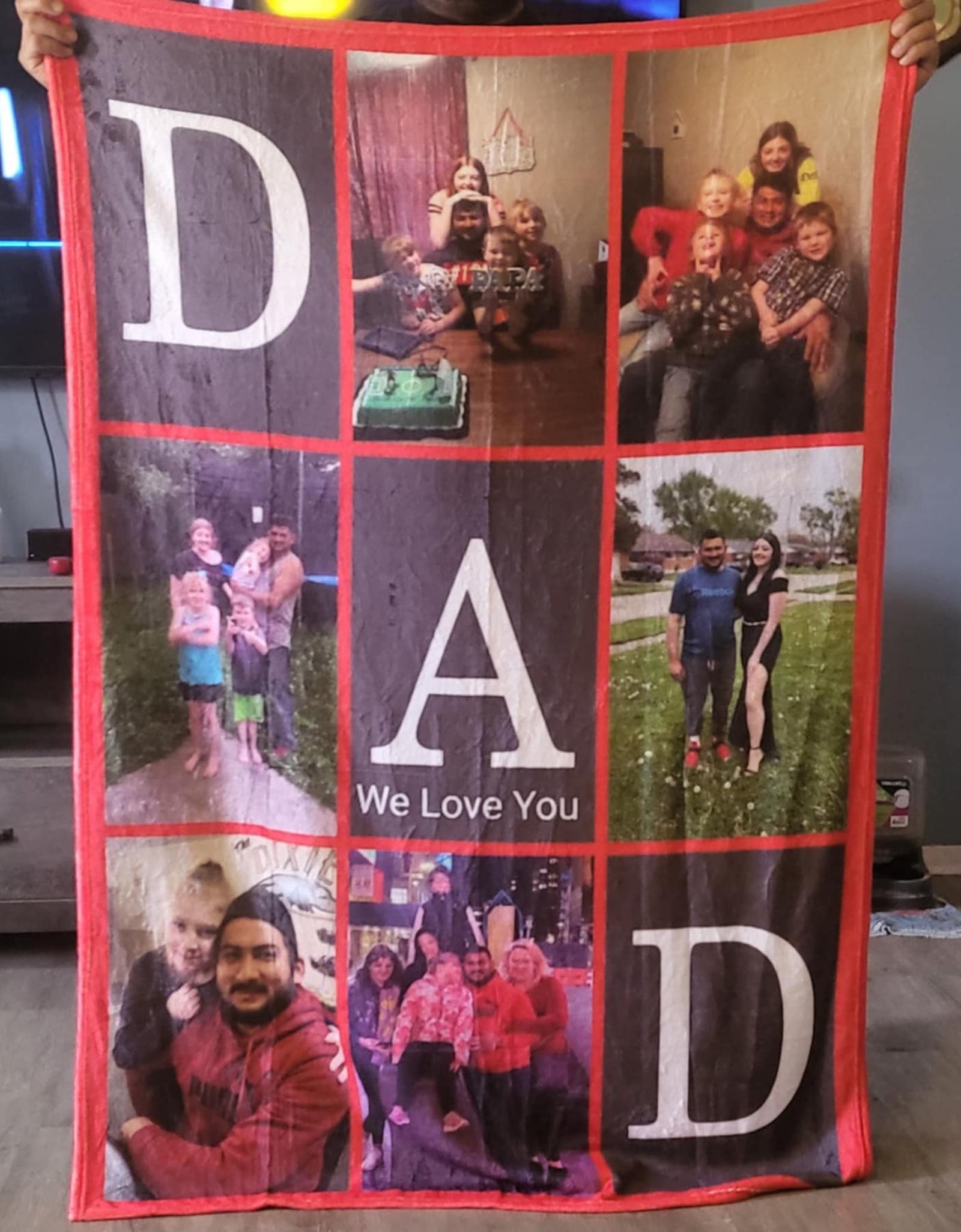 A blanket covered with photos shows Jose Antonio Alvarenga with the children he has helped raise in New Lebanon, with his wife April.