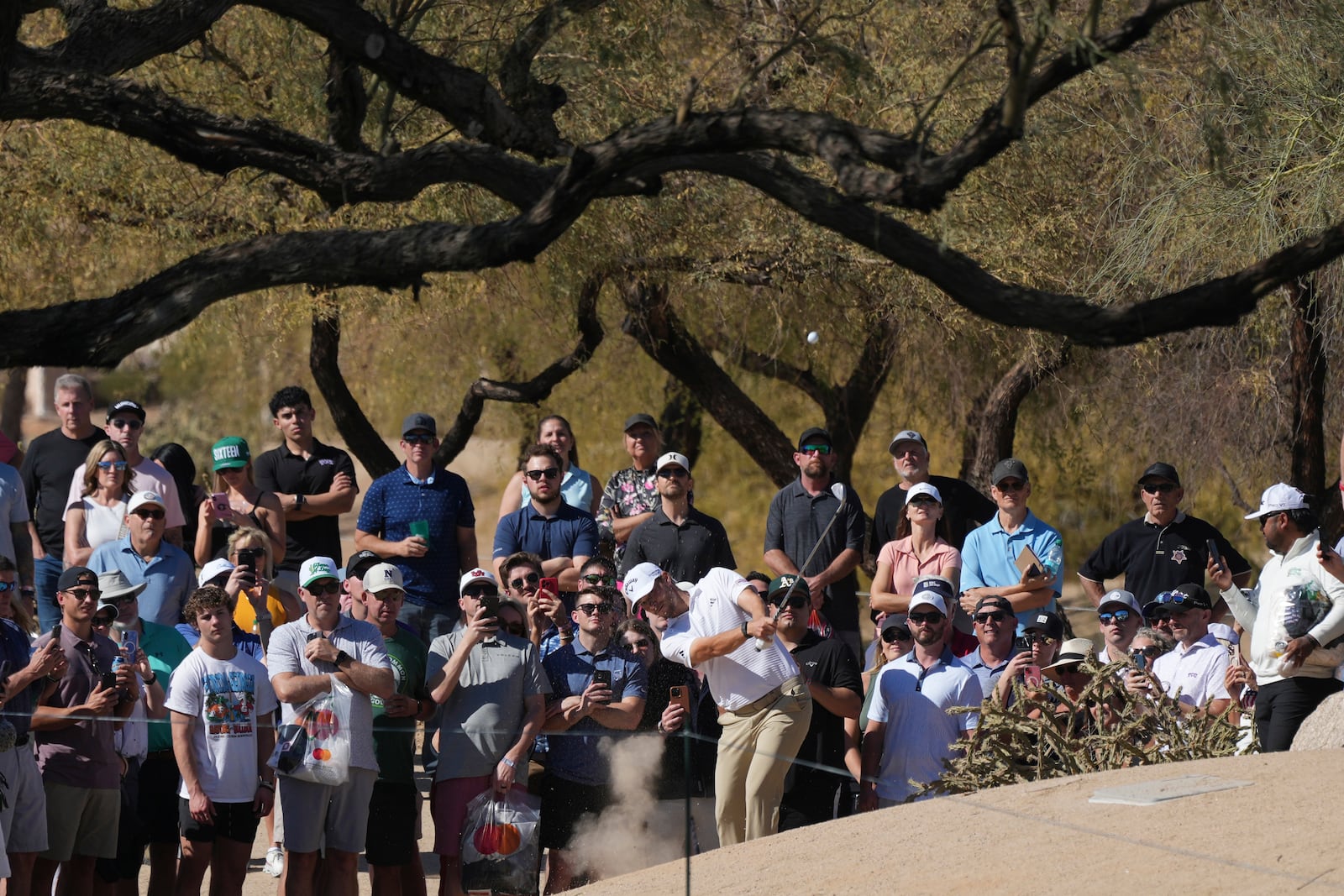 Nicolai Højgaard, of Denmark, hits his approach shot out of the desert on the ninth hole during the first round of the Waste Management Phoenix Open PGA Tour golf tournament at the TPC Scottsdale Thursday, Feb. 6, 2025, in Scottsdale, Ariz. (AP Photo/Ross D. Franklin)