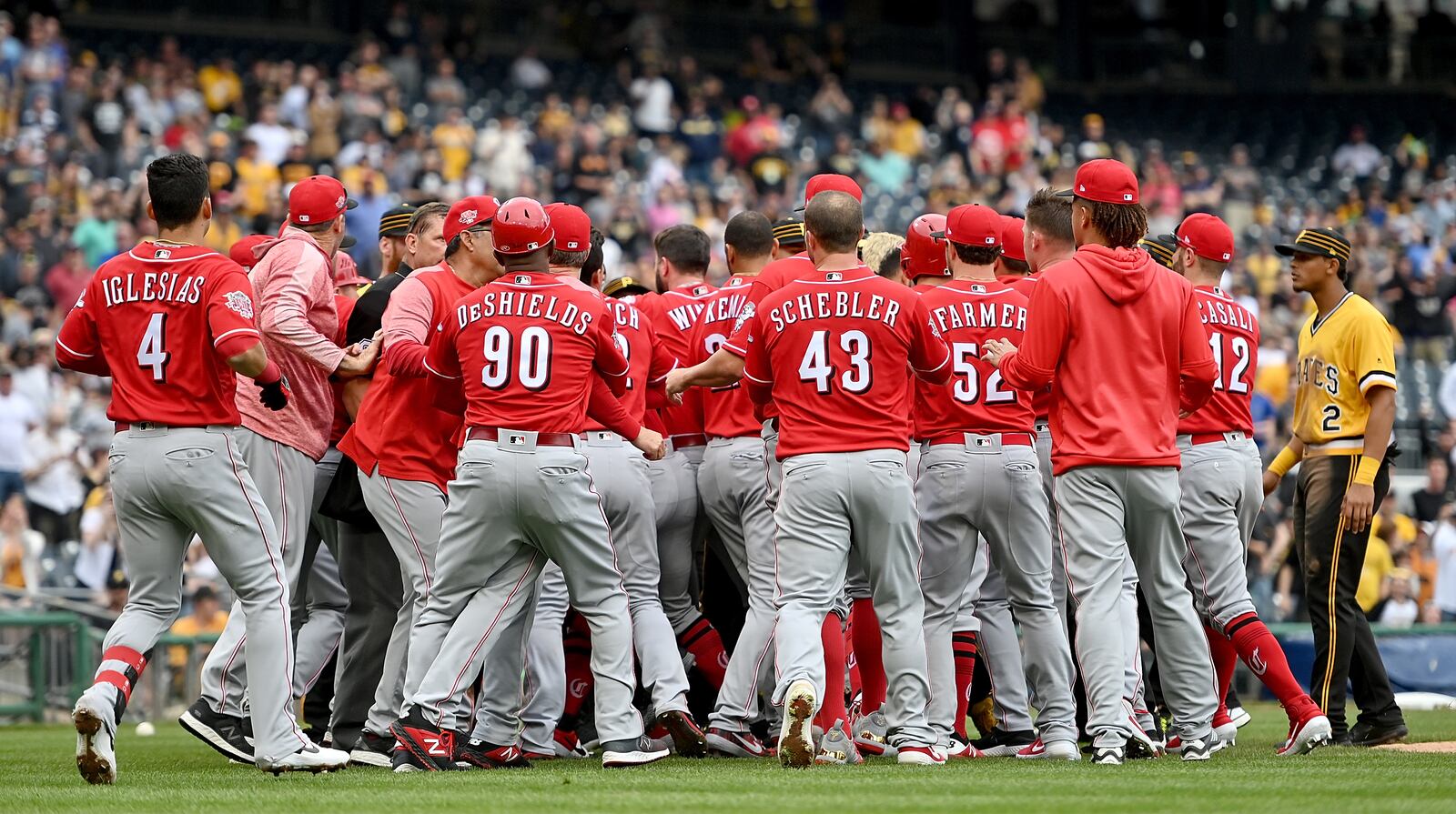 PITTSBURGH, PA - APRIL 07: Benches clear after Chris Archer #24 of the Pittsburgh Pirates throws behind Derek Dietrich #22 of the Cincinnati Reds in the fourth inning during the game at PNC Park on April 7, 2019 in Pittsburgh, Pennsylvania. (Photo by Justin Berl/Getty Images)