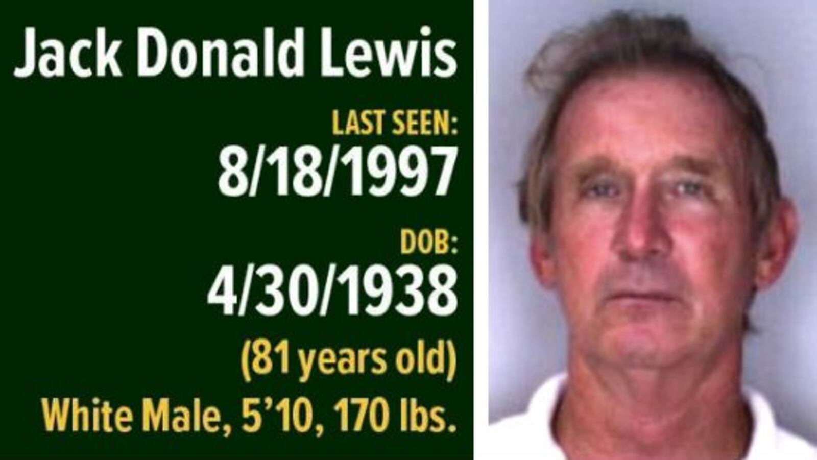 Jack Donald Lewis, 59, of Tampa, Fla., vanished Aug. 18, 1997. His disappearance has gained a national spotlight after his wife at the time, Carole Baskin, was featured in the Netflix limited series "Tiger King: Murder, Mayhem and Madness."