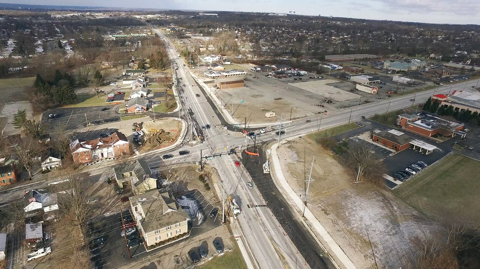 A $10 million project to reconstruct the intersection of Ohio 741 and 73 in Springboro continues. This view looks west. TY GREENLEES / STAFF