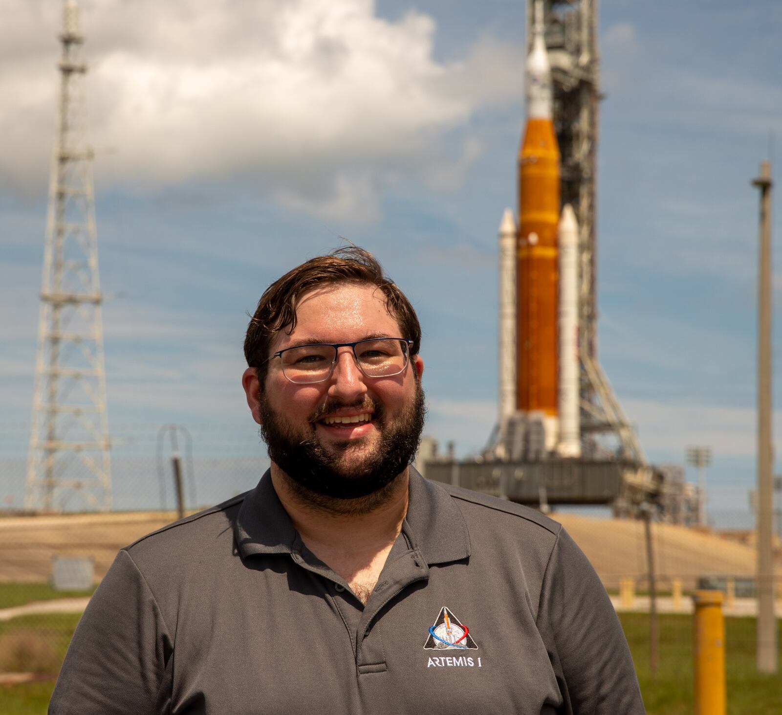 Randy Eckman, a 2008 Wayne High School graduate now working on the Artemis 1 mission for NASA, at Launch Pad 39B last week with Artemis I. Courtesy of Randy Eckman.