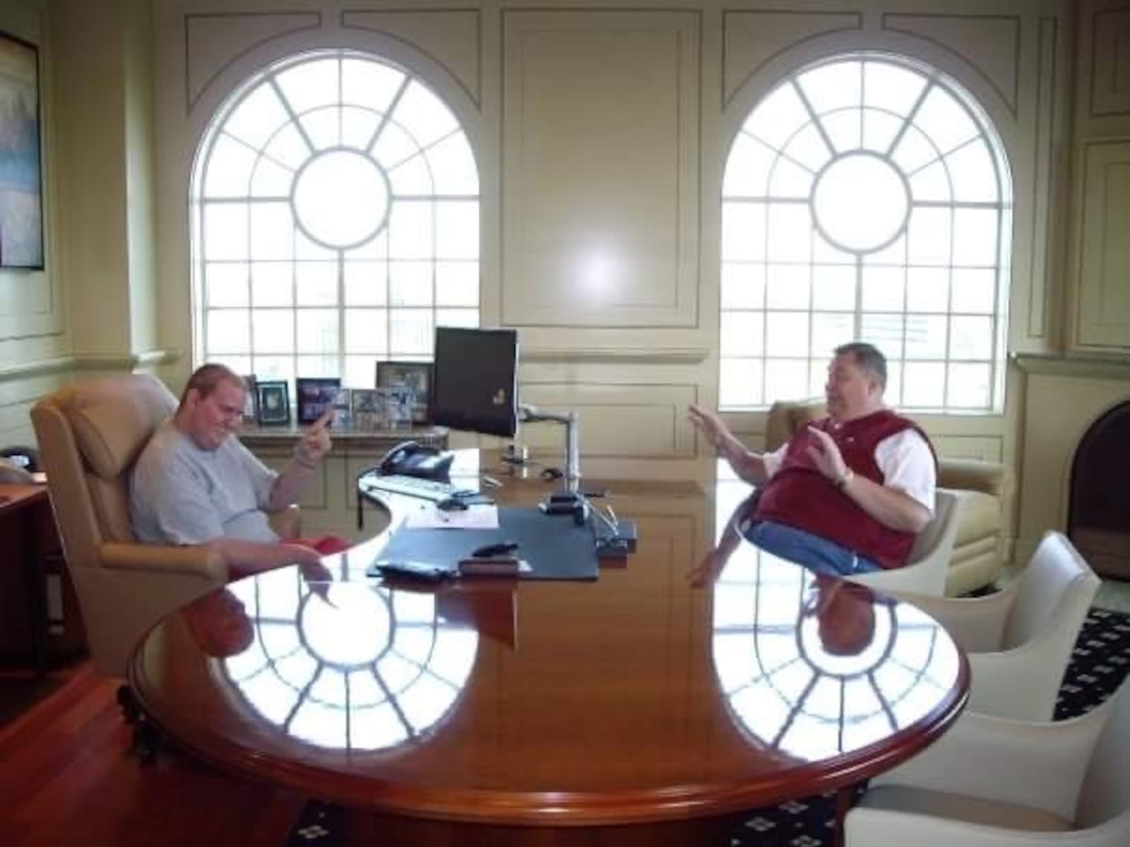 Bob Mills (right)  and Aaron Whitmer (left), Bob’s 16-year old next door neighbor and friend,  switch places in Bob’s office. CONTRIBUTED