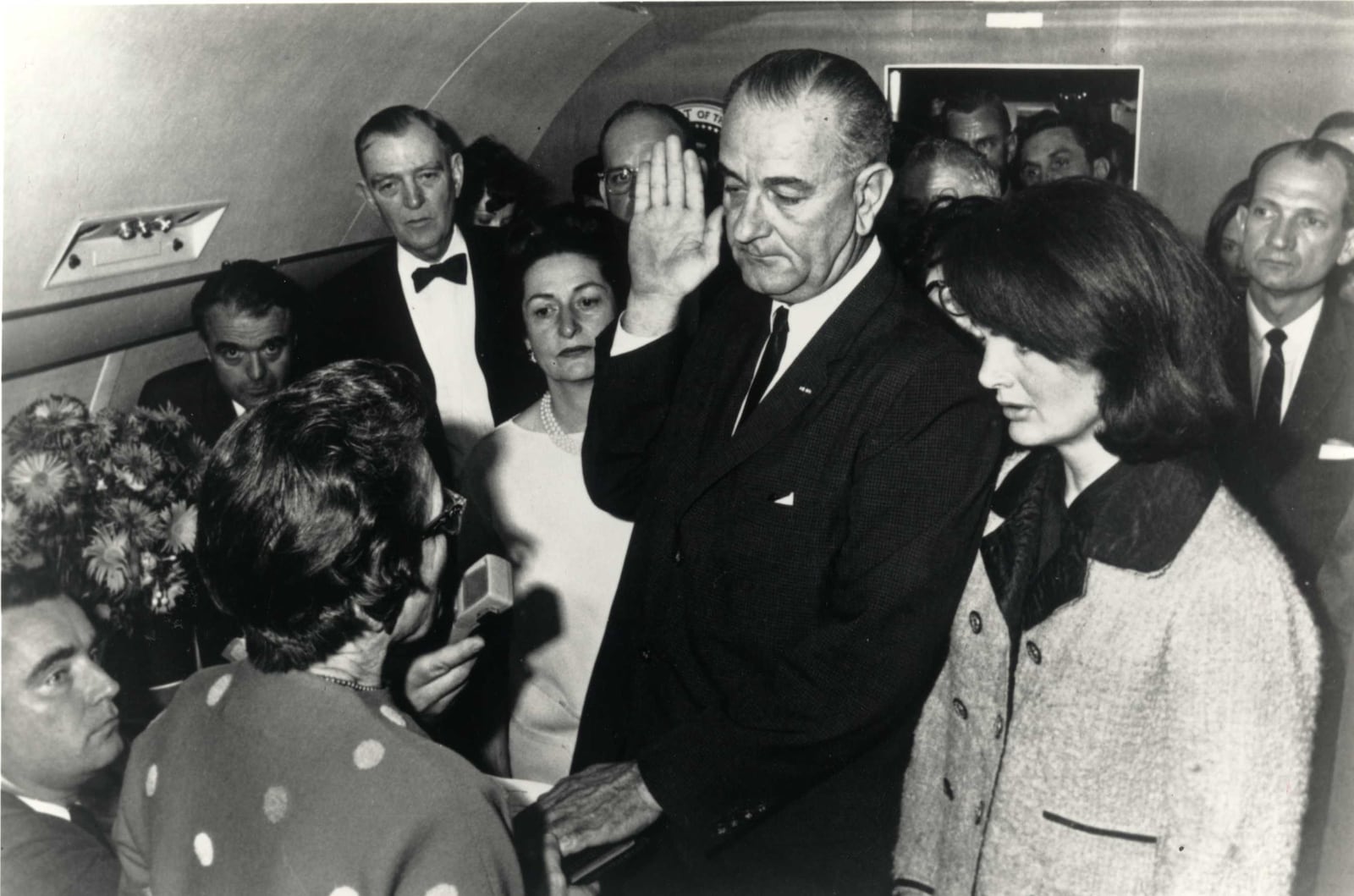 LBJ is sworn in as the 36th president of the United States on Air Force One after JFK's assasination in Dallas on Nov. 22, 1963.