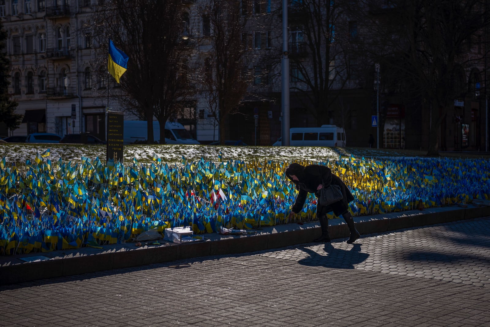 A woman places a Ukrainian flag at a memorial for those killed during the war in Independence Square in Kyiv, Ukraine, Sunday, Feb. 12, 2023. (AP Photo/Emilio Morenatti)